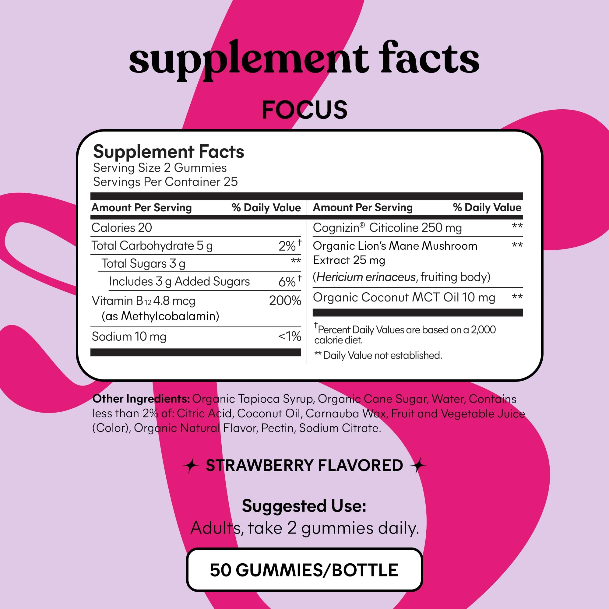 Lemme Focus Concentration & Brain Health Gummies with Cognizin Citicoline, Lion's Mane Mushroom, Vitamin B12 to Support Focus + Concentration - Gluten Free, Caffeine Free, Strawberry (50 Count) - Image 5