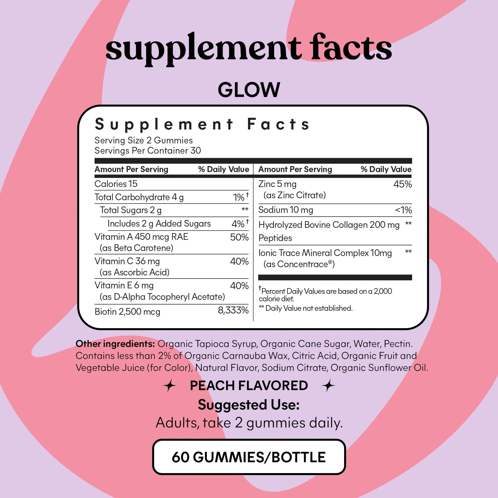 Lemme Glow Collagen Gummies for Thick Hair, Strong Nails & Healthy Skin with Multi-Collagen Peptides, Biotin, Trace Minerals, Zinc, Vitamins A, C & E, Dairy & Gluten Free, Peach Flavor, 60 ct. - Image 2