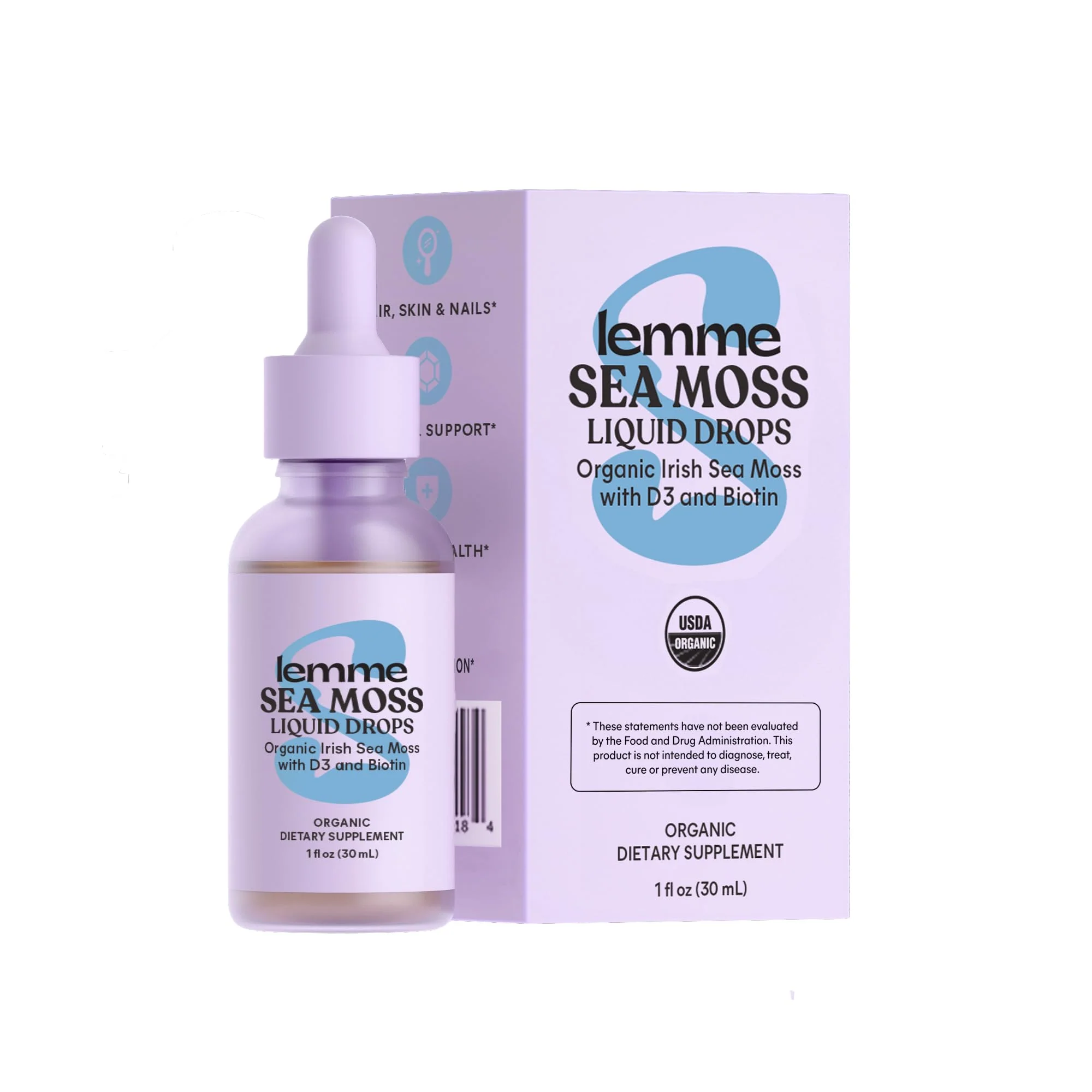 Lemme Irish Sea Moss Organic Liquid Drops with Vitamin D3 and Biotin for Trace Mineral Support, Immunity, Hair, Skin & Nails, Brain Health - Gluten & Sugar Free, Non GMO, 1 oz, 30 Servings