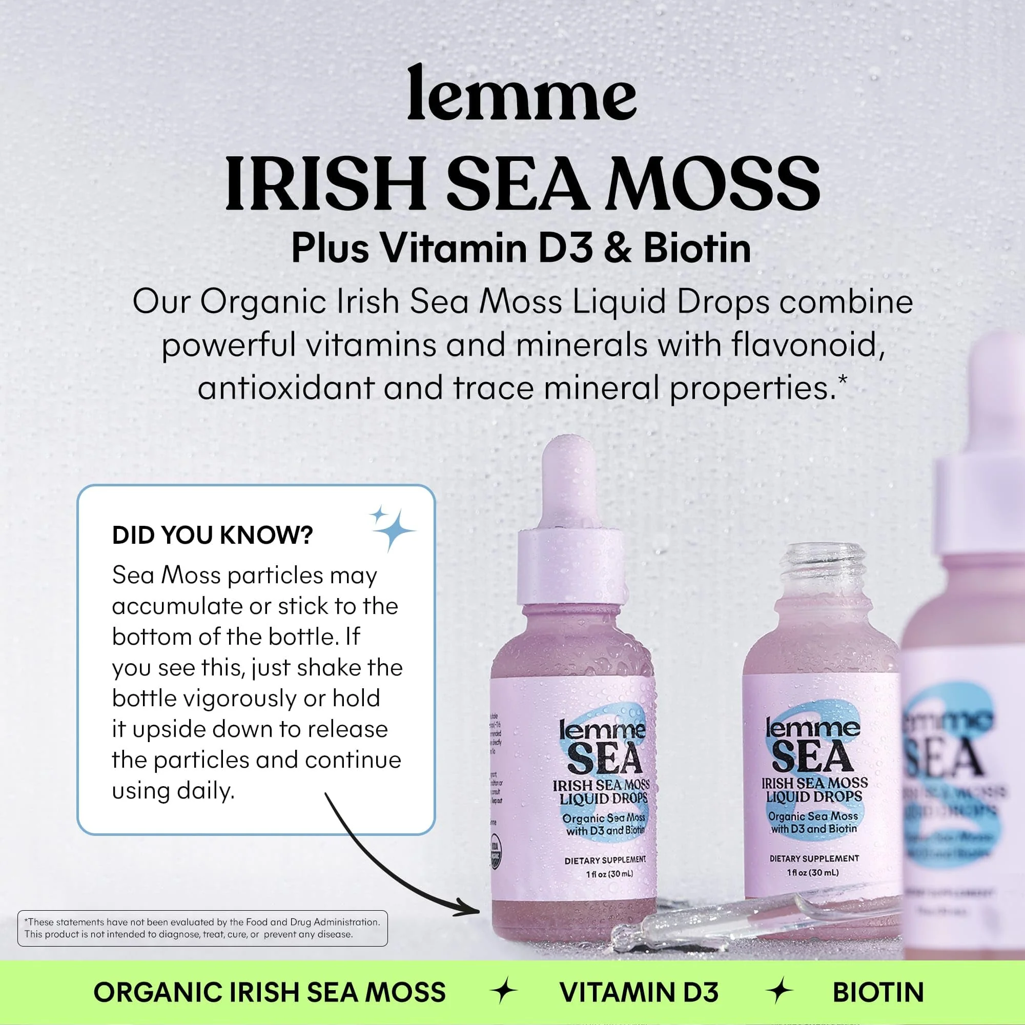 Lemme Irish Sea Moss Organic Liquid Drops with Vitamin D3 and Biotin for Trace Mineral Support, Immunity, Hair, Skin & Nails, Brain Health - Gluten & Sugar Free, Non GMO, 1 oz, 30 Servings - Image 6