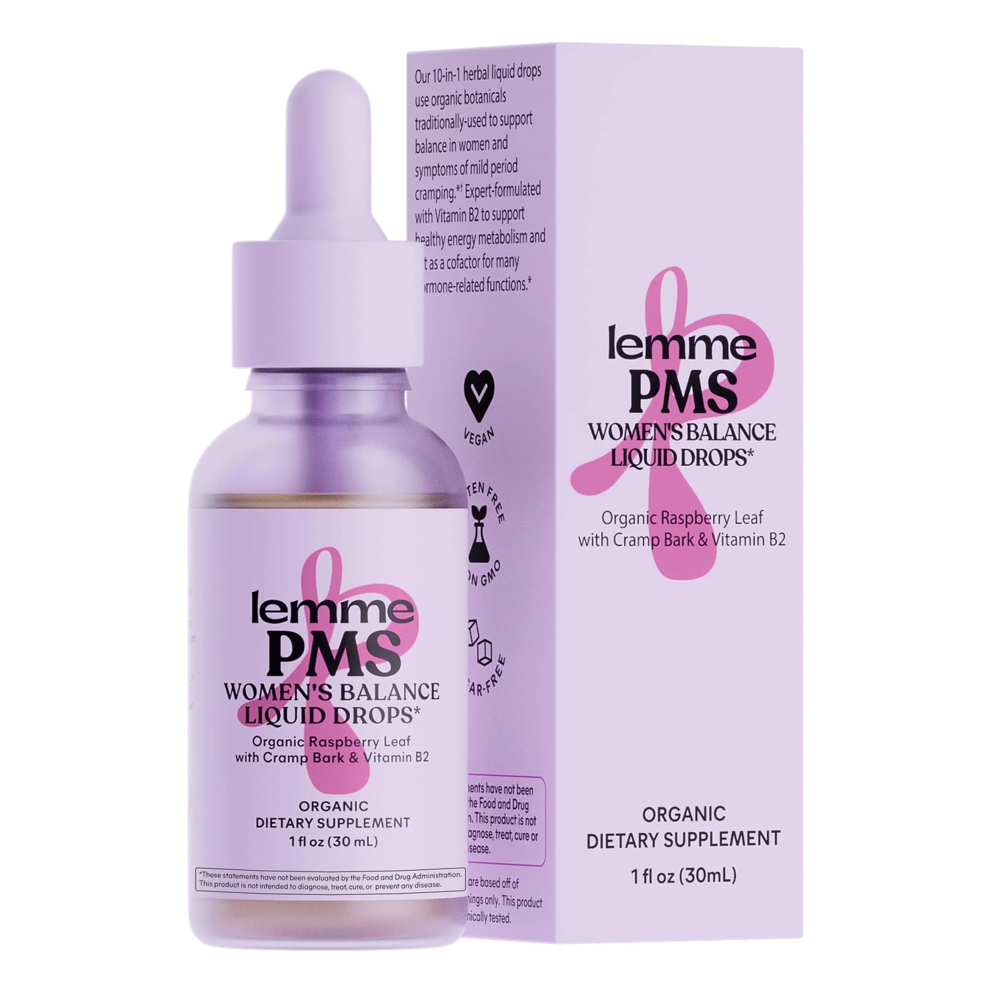 Lemme PMS Hormone Balance for Women Liquid Drops, PMS & Mild Period Cramping Relief, 10-in-1 Herbal Blend with Raspberry Leaf, Dong Quai, Cramp Bark, Reishi & B2, Organic, Sugar-Free, 1 fl oz