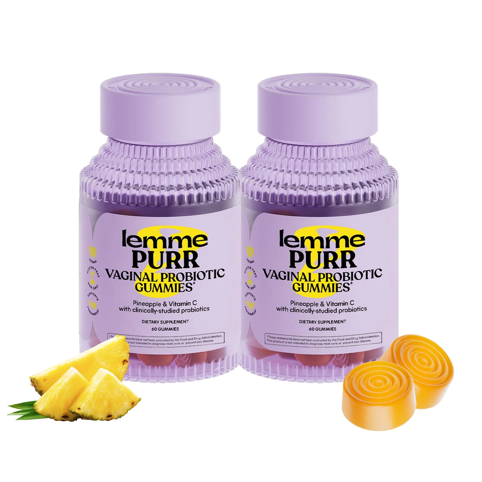 Lemme Purr Vaginal Probiotic Gummies for Women - Balanced pH, Healthy Odor, Yeast Balance & Flora Support + Vitamin C for Immune Health - Tasty Pineapple (60 Count) (Pack of 2)