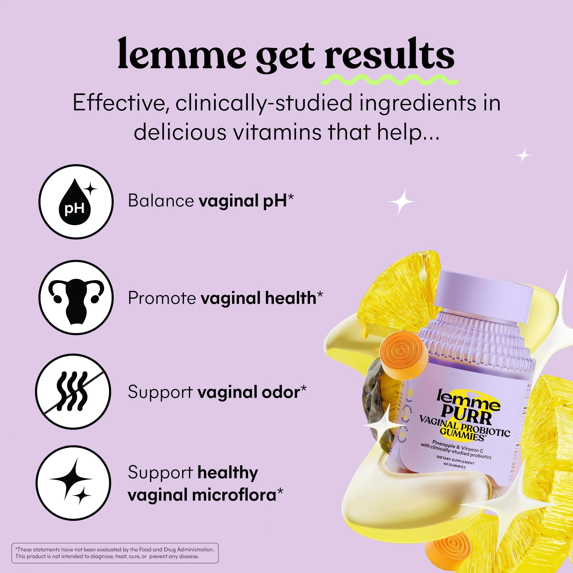 Lemme Purr Vaginal Probiotic Gummies for Women - Balanced pH, Healthy Odor, Yeast Balance & Flora Support + Vitamin C for Immune Health - Tasty Pineapple (60 Count) (Pack of 2) - Image 7