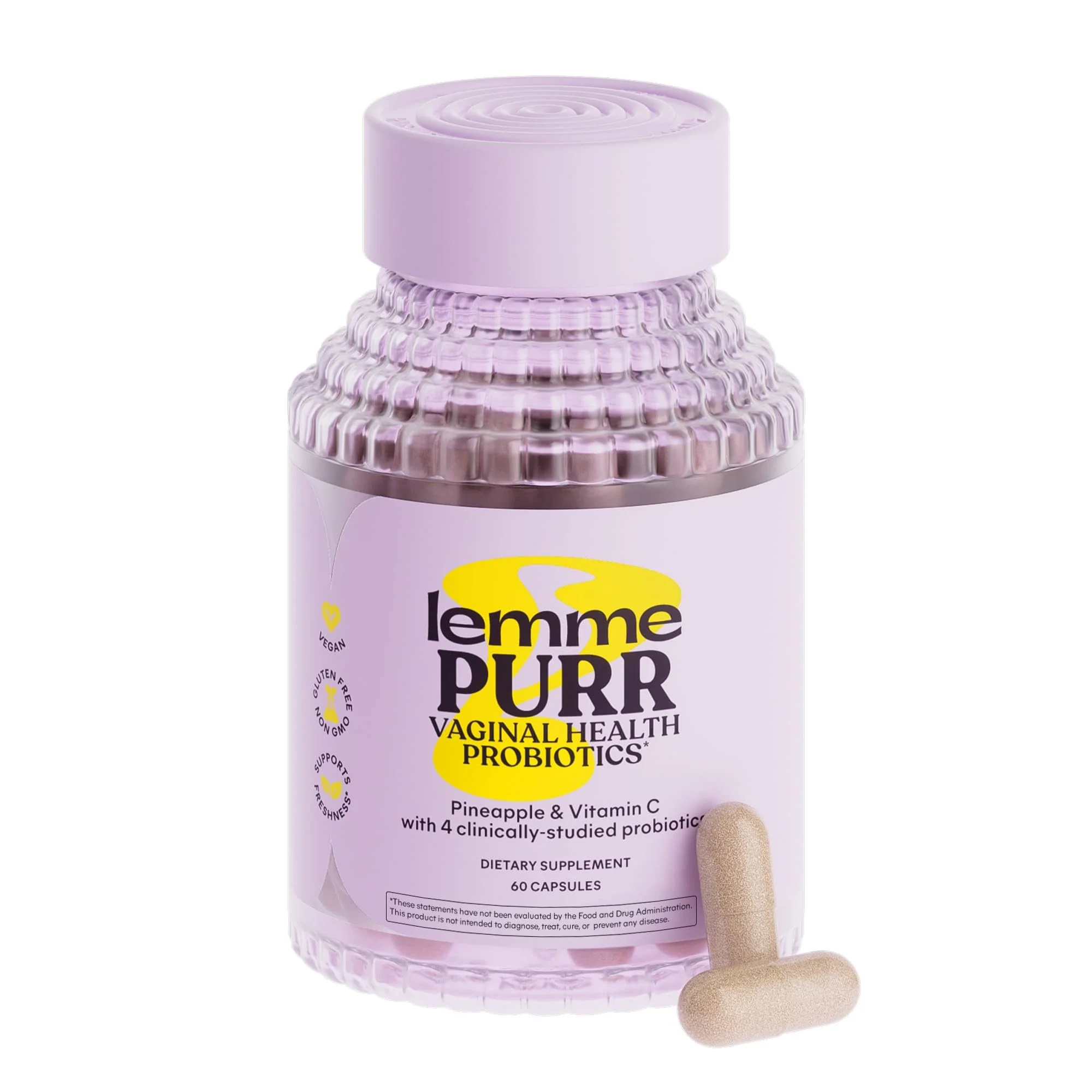 Lemme Purr Vaginal Probiotics for Women - Promotes pH Balance, Healthy Vaginal Odor & Urinary Tract Health w/Lactobacillus Blend, Clinically Tested Strains, Pineapple & Vitamin C - 60 Veggie Capsules