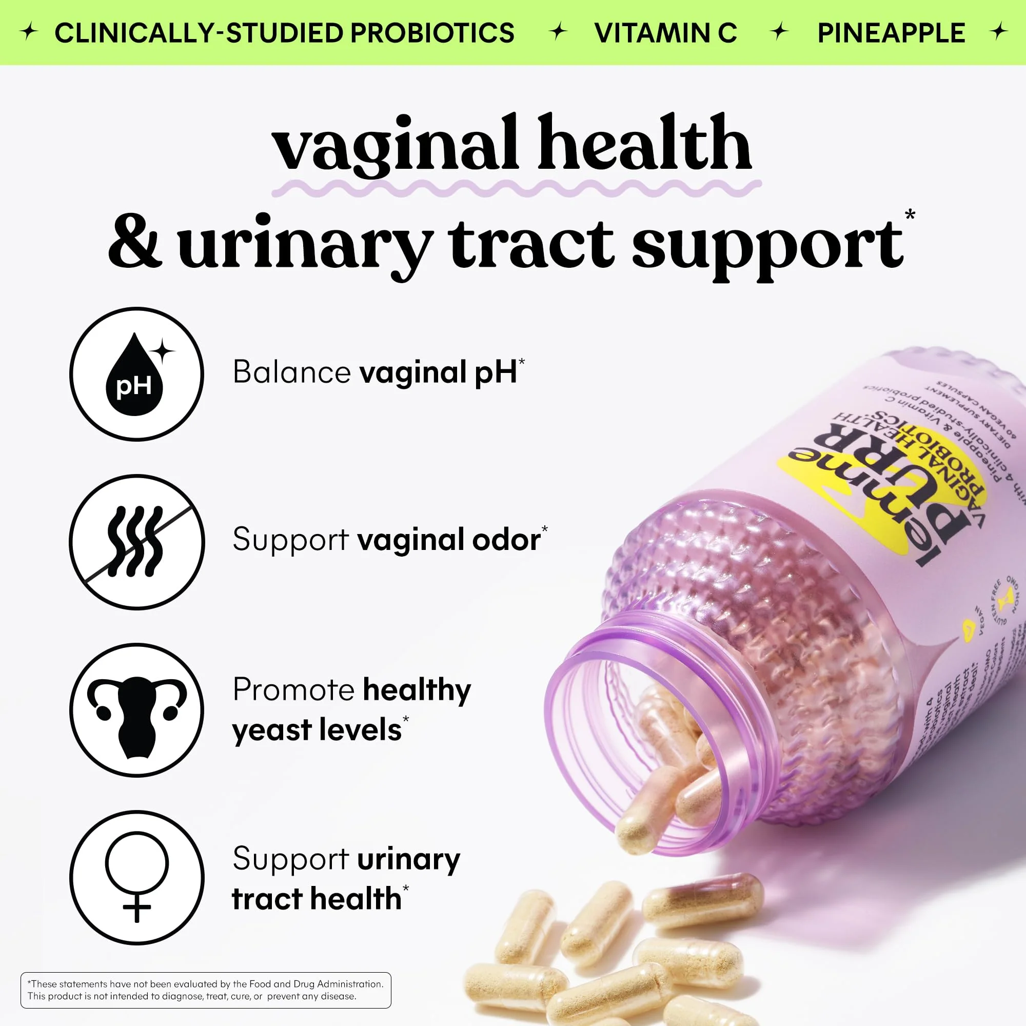 Lemme Purr Vaginal Probiotics for Women - Promotes pH Balance, Healthy Vaginal Odor & Urinary Tract Health w/Lactobacillus Blend, Clinically Tested Strains, Pineapple & Vitamin C - 60 Veggie Capsules - Image 6