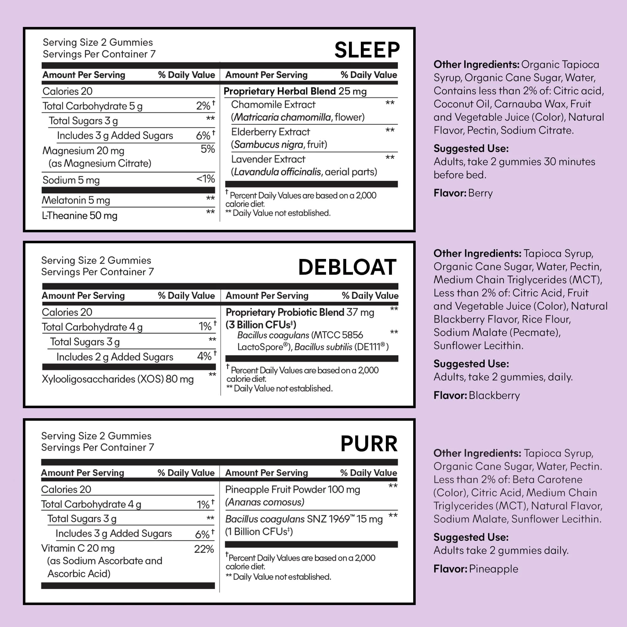 Lemme Sleep, Debloat & Purr Variety Sampler Pack | Melatonin & Magnesium for Sleep | Probiotics & Prebiotics for Bloating | Vaginal Probiotic & Pineapple Gummies - Gluten-Free, Non-GMO - 14ct - Image 4