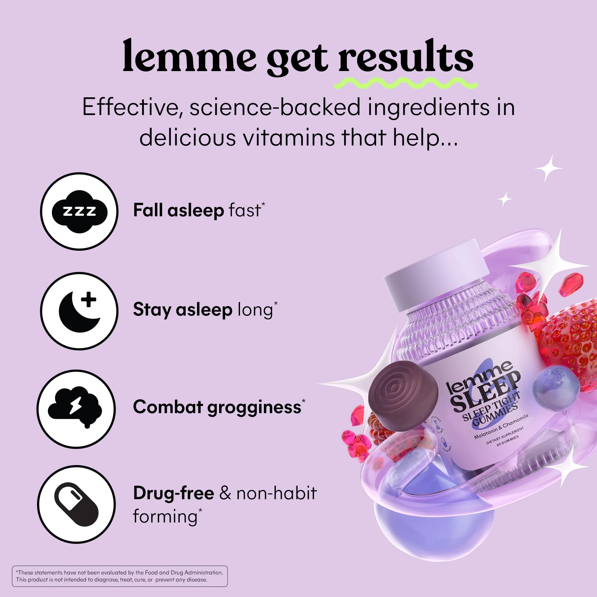 Lemme Sleep Gummies with 5mg Melatonin, Elderberry, Magnesium, L-Theanine, Chamomile and Lavender, Drug-Free Nighttime Sleep Aid, Gluten Free, Gelatin Free, Non GMO, Berry Flavored (60 Count) - Image 8