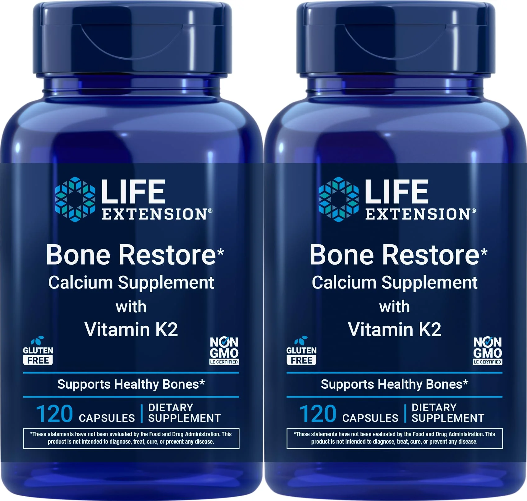 Life Extension Bone Restore Calcium Supplement with Vitamin K2, 120 Capsules (Pack of 2)