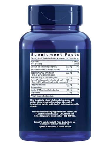 Life Extension Cognitex® Elite Pregnenolone, sage, Blueberry, ashwagandha, phosphatidylserine, Advanced Formula, Attention, Focus, Memory, Gluten-Free, Non-GMO, Vegetarian, 60 Tablets - Image 12