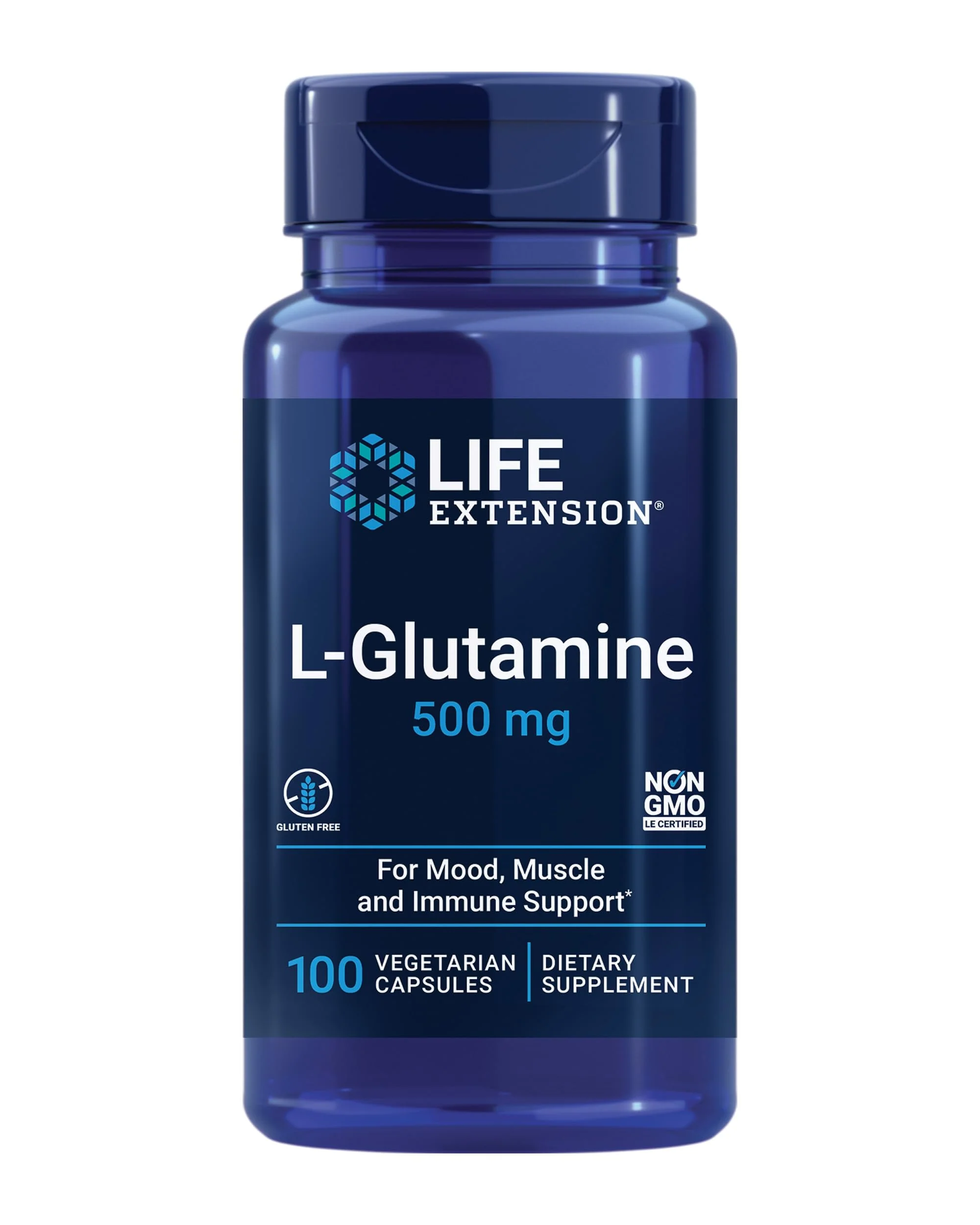 Life Extension L-Glutamine, 500 mg L-glutamine, Amino Acid, Supports Muscle Health and Immune Health, Gluten-Free, Non-GMO, 100 Vegetarian Capsules