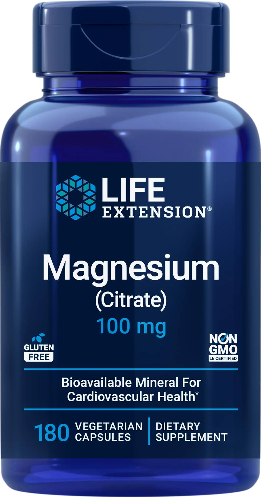 Life Extension Magnesium Citrate 100mg, 180 Veg Caps - Natural Mag Supplement - 100 mg Mineral Support Capsules - Vegetarian, Non-GMO