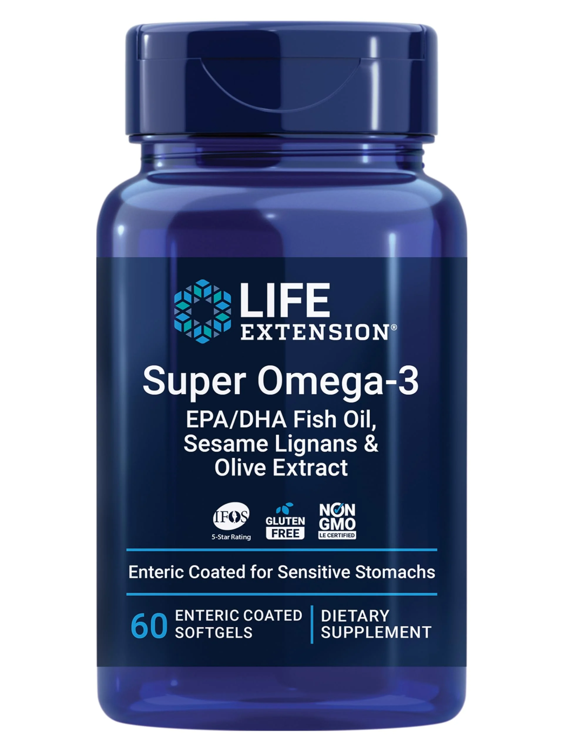 Life Extension Super Omega-3 EPA/DHA Fish Oil, Sesame Lignans & Olive Extract – Heart Health, Brain Health, Inflammation Health Support, Gluten-Free, Enteric-Coated, Non-GMO, 60 Softgels