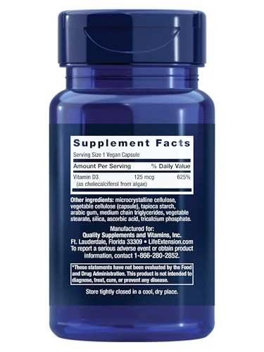 Life Extension Vegan Vitamin D3, 125 mcg (5000 IU), cholecalciferol from Algae, high-Potency Immune, Bone & Whole-Body Health, Gluten-Free, Non-GMO, 1 Daily, Vegan, 60 Vegan Capsules - Image 11