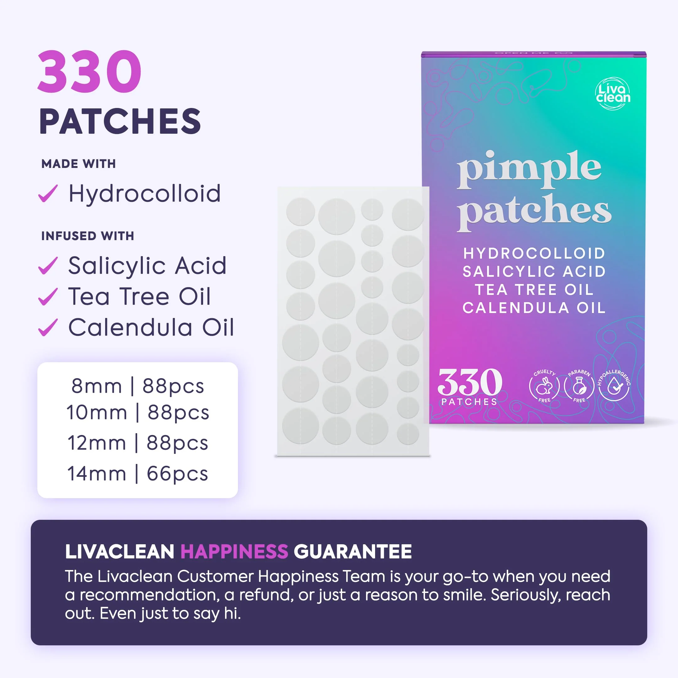 LivaClean 330 CT Pimple Patches for Face w/Salicylic Acid, Tea Tree Oil & Calendula Oil - Four Sizes - Pimple Patch, Hydrocolloid Patch, Acne Patches for Face - Image 6