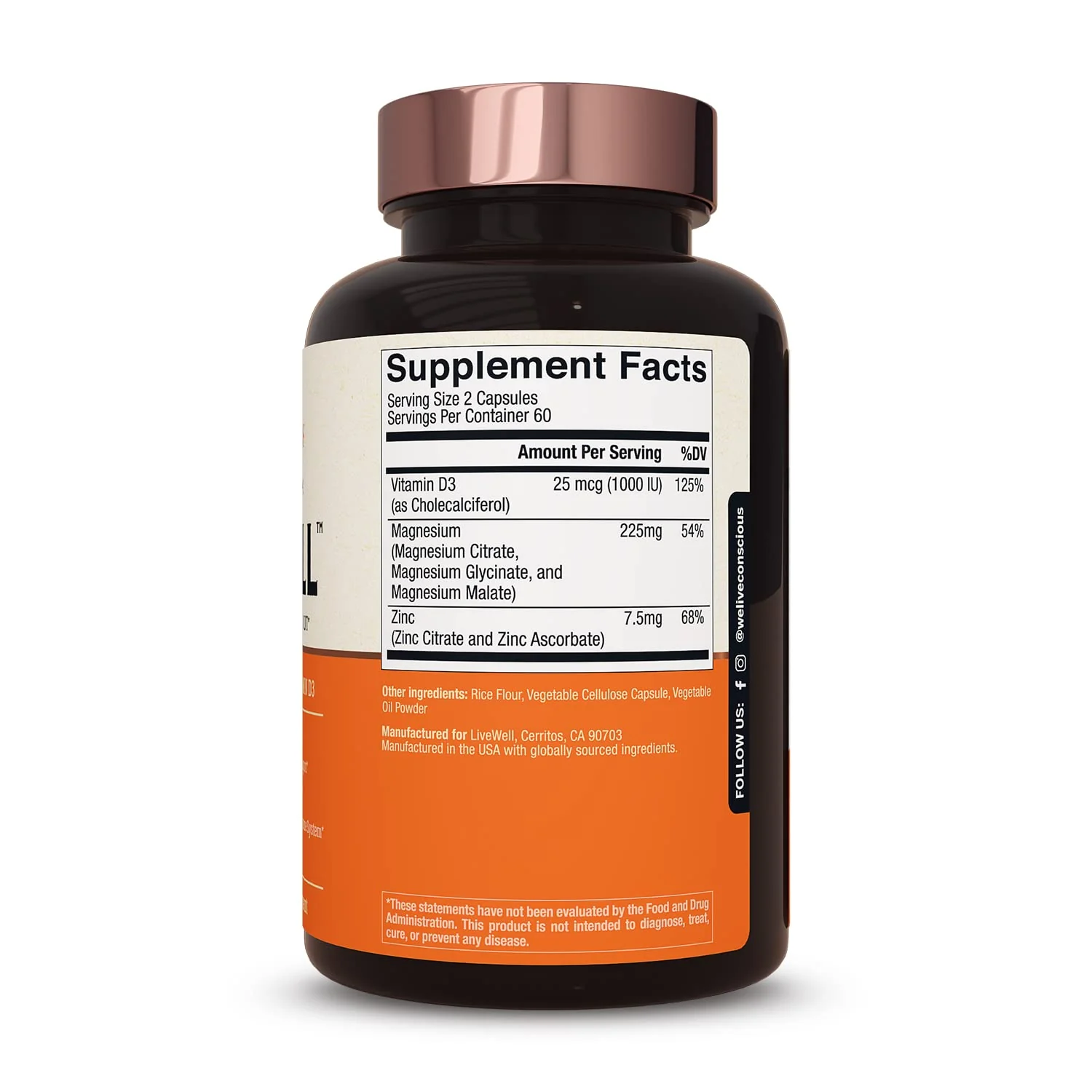 Live Conscious Magwell Magnesium Zinc & Vitamin D3 - Magnesium Glycinate, Malate, & Citrate - Triple Supplement for Women & Men - for Sleep, Bone, Heart, Immune Support - 120 Caps - Image 2