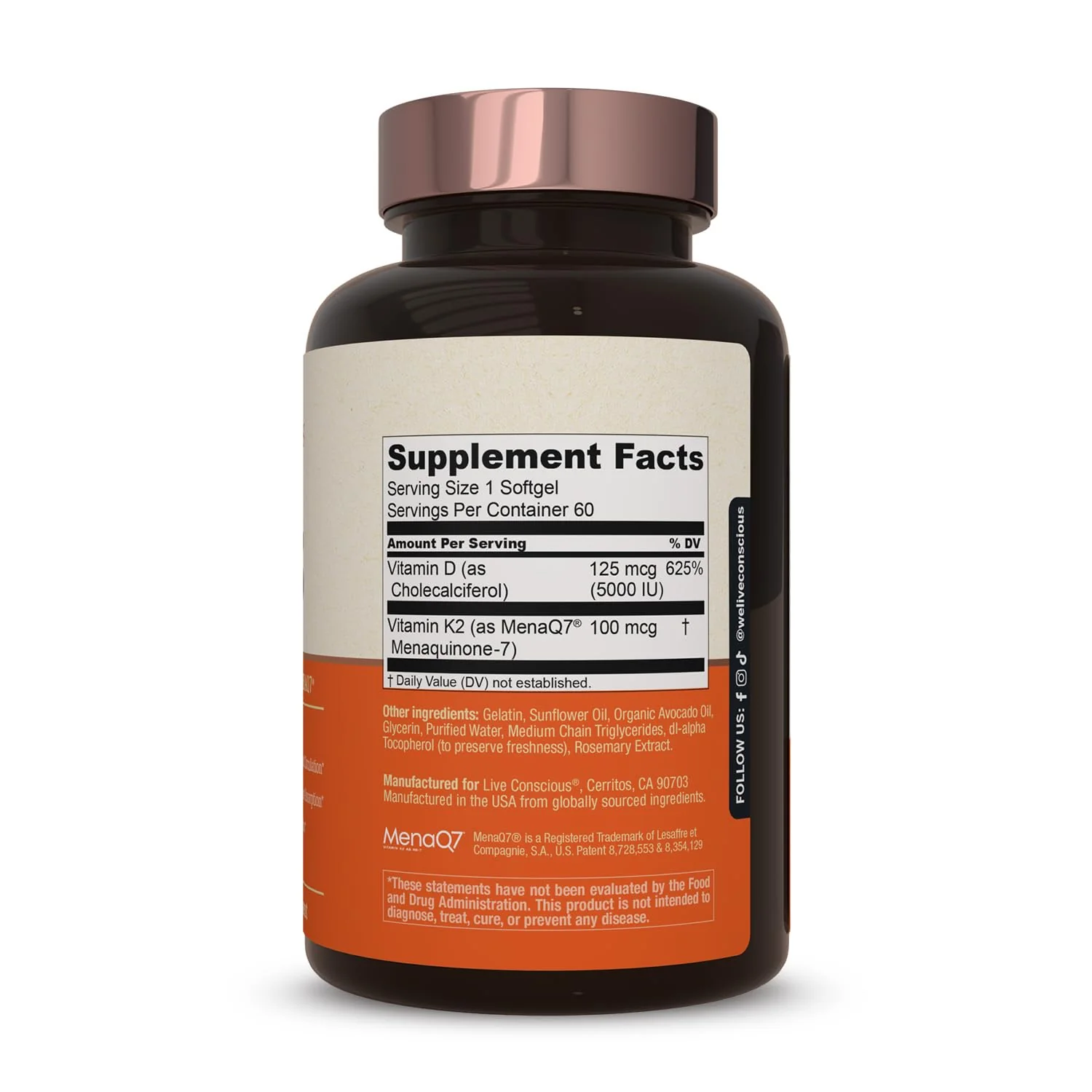 Live Conscious Vitamin K2 MK7 with D3 Supplement | Bone & Heart Health Support - Patented Vitamin K & Vitamin D3 5000 IU - 60 Softgels - Image 3
