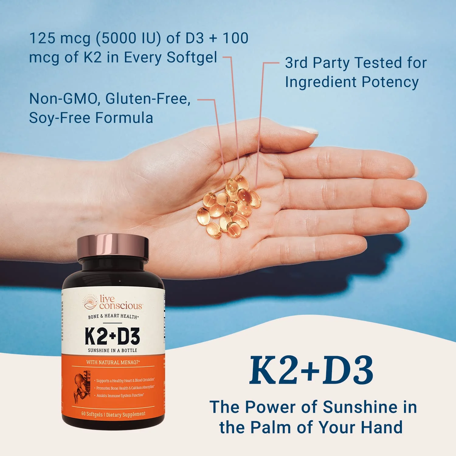 Live Conscious Vitamin K2 MK7 with D3 Supplement | Bone & Heart Health Support - Patented Vitamin K & Vitamin D3 5000 IU - 60 Softgels - Image 7
