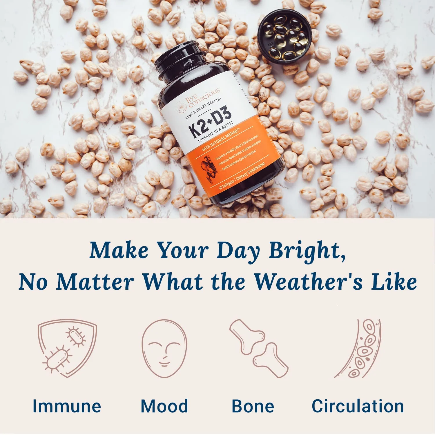 Live Conscious Vitamin K2 MK7 with D3 Supplement | Bone & Heart Health Support - Patented Vitamin K & Vitamin D3 5000 IU - 60 Softgels - Image 8