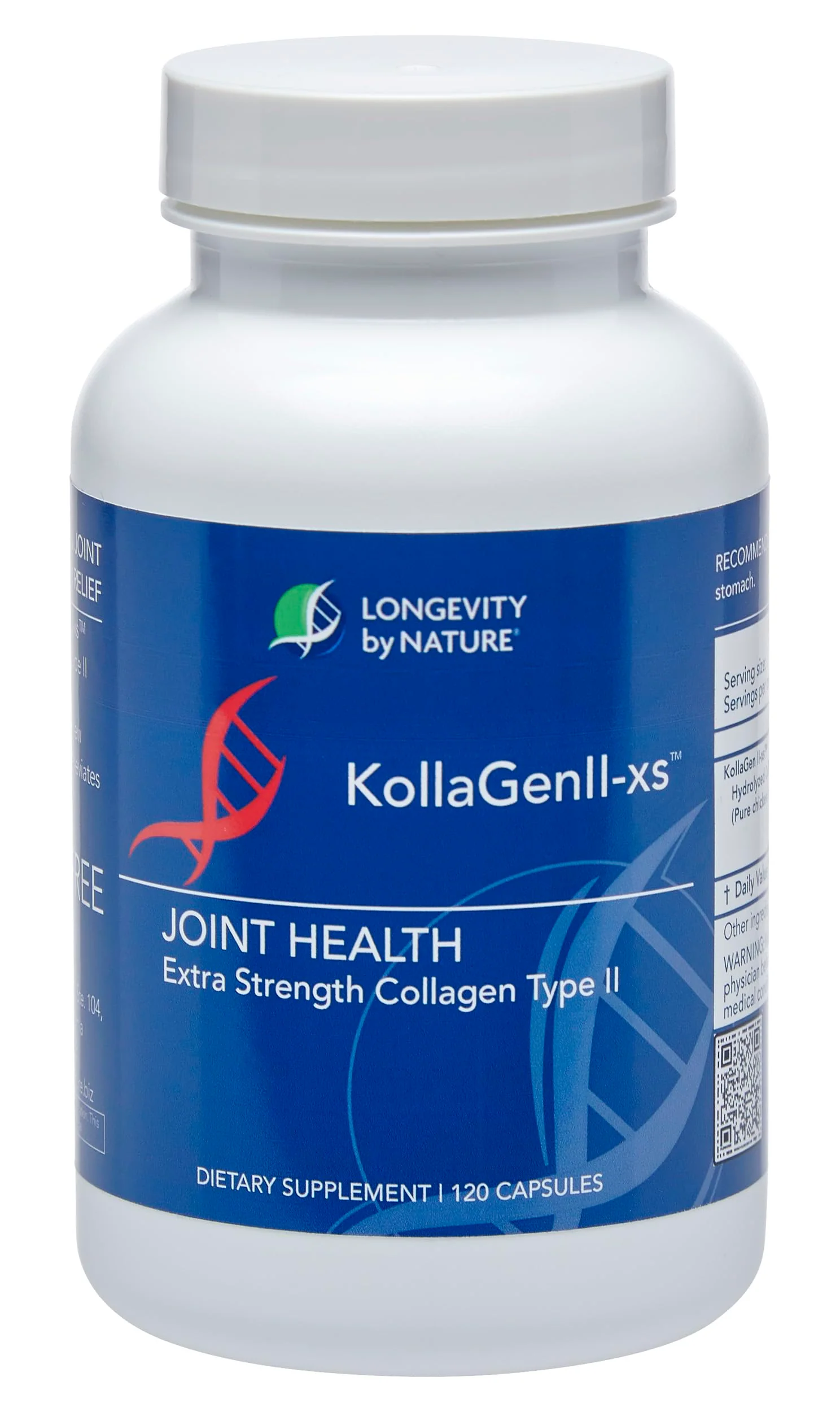 Longevity by Nature Extra Strength KollaGen II-XS- Collagen Type II with Hyaluronic Acid, Chondroitin, and Glucosamine â€“ Joint Support, 120 Capsules.