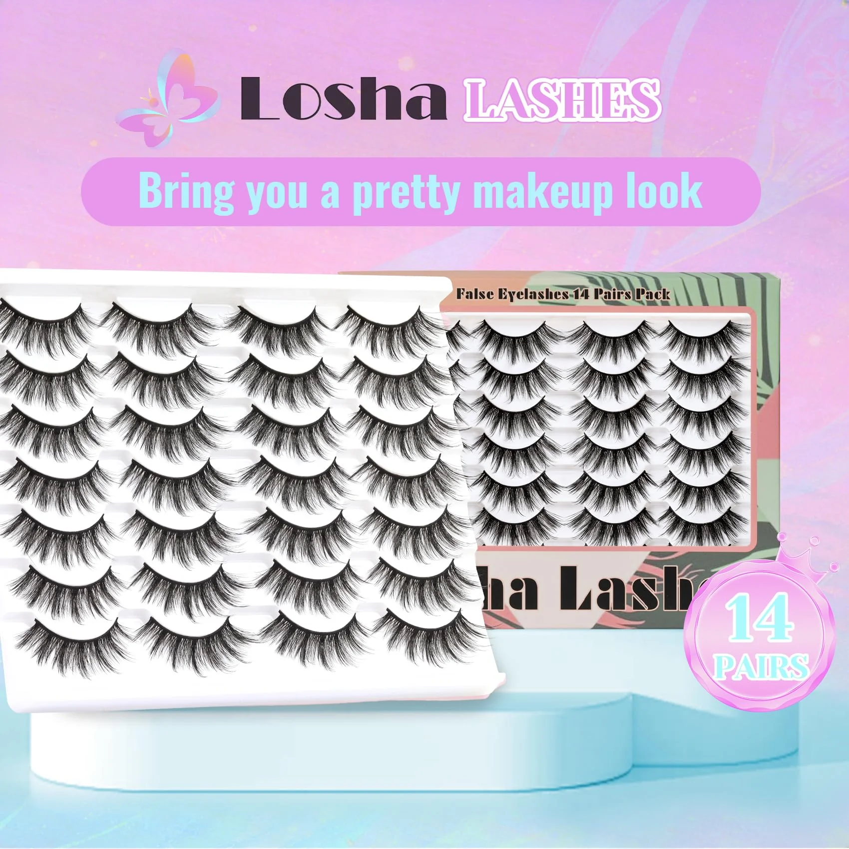 Losha Eyelashes Natural Look Faux Mink Lashes Pack Handmade Fluffy False Eyelashes 14 Pairs Cat Eye Lashes (54) - Image 2