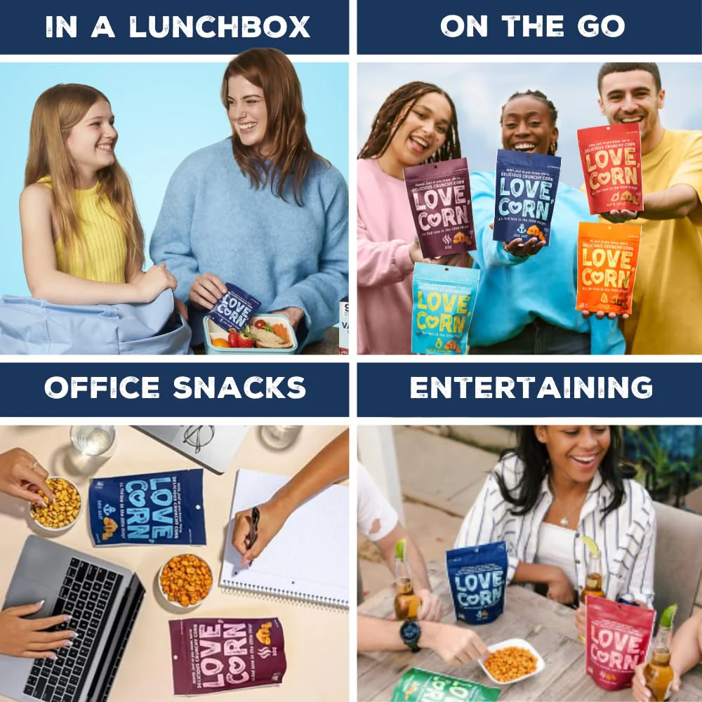 LOVE CORN Family Favorite Sea Salt, BBQ, Salt & Vinegar, Cheddar | Delicious Crunchy Corn Snacks | .07oz x 20 Gluten Free, Vegan Bags | Convenient for Lunch Boxes, Commuting & Office Snacks - Image 3