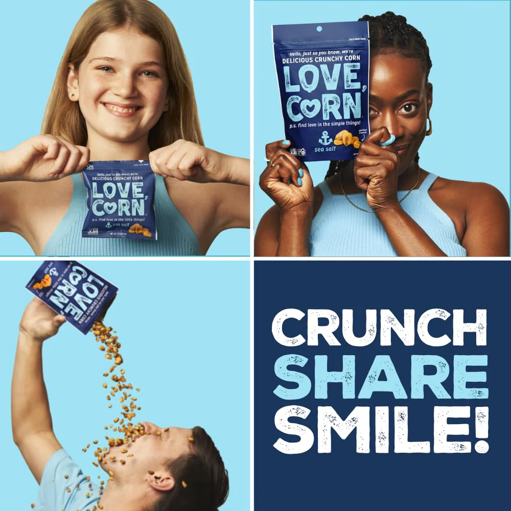 LOVE CORN Family Favorite Sea Salt, BBQ, Salt & Vinegar, Cheddar | Delicious Crunchy Corn Snacks | .07oz x 20 Gluten Free, Vegan Bags | Convenient for Lunch Boxes, Commuting & Office Snacks - Image 5