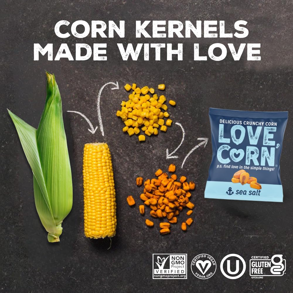 LOVE CORN Family Favorite Sea Salt, BBQ, Salt & Vinegar, Cheddar | Delicious Crunchy Corn Snacks | .07oz x 20 Gluten Free, Vegan Bags | Convenient for Lunch Boxes, Commuting & Office Snacks - Image 6