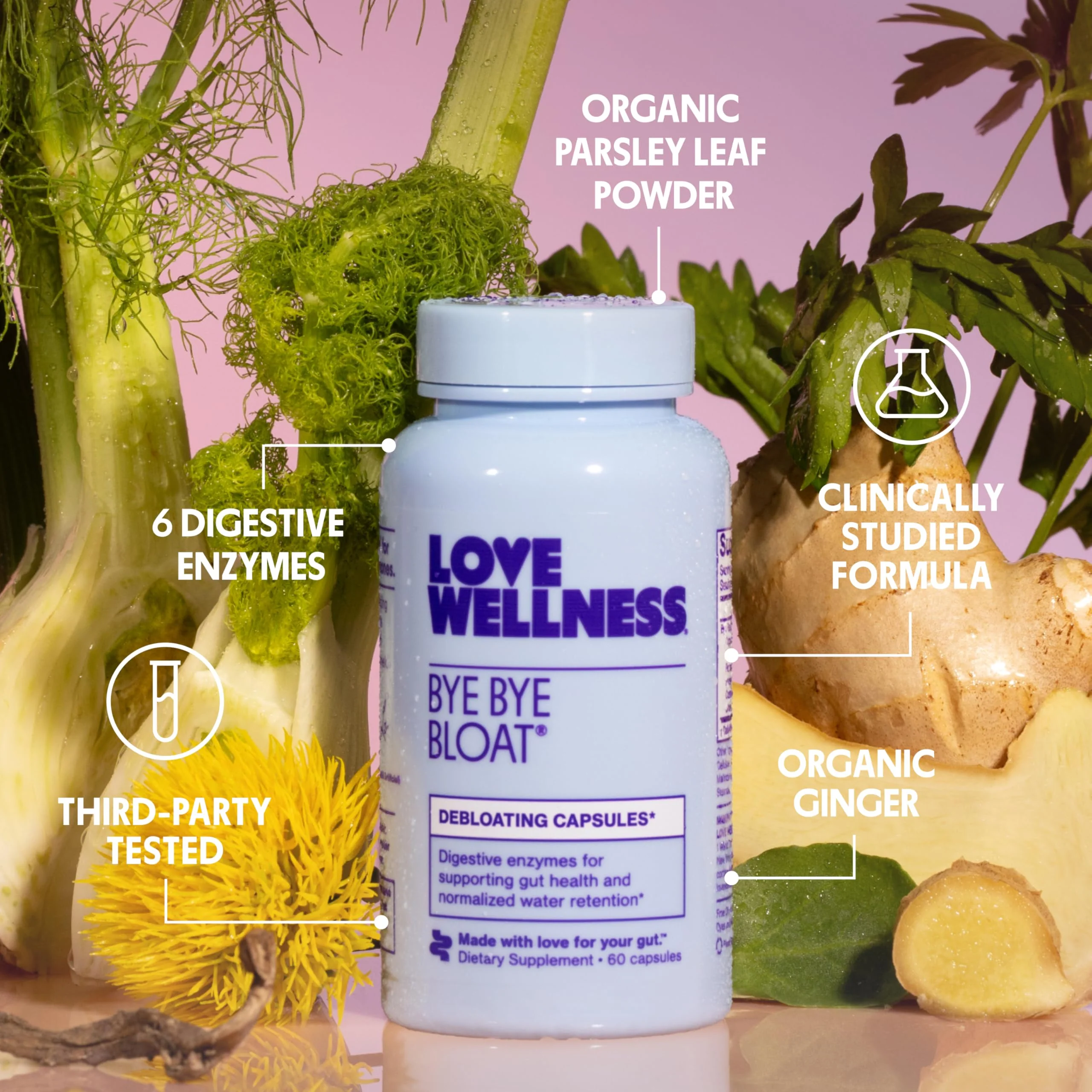 Love Wellness Bye Bye Bloat | Digestive Enzymes for Fast Acting Bloating Relief for Women | Helps Reduce Water Retention & Gas Relief | Supports Digestive Health with Fenugreek & Dandelion | 60 Count - Image 7