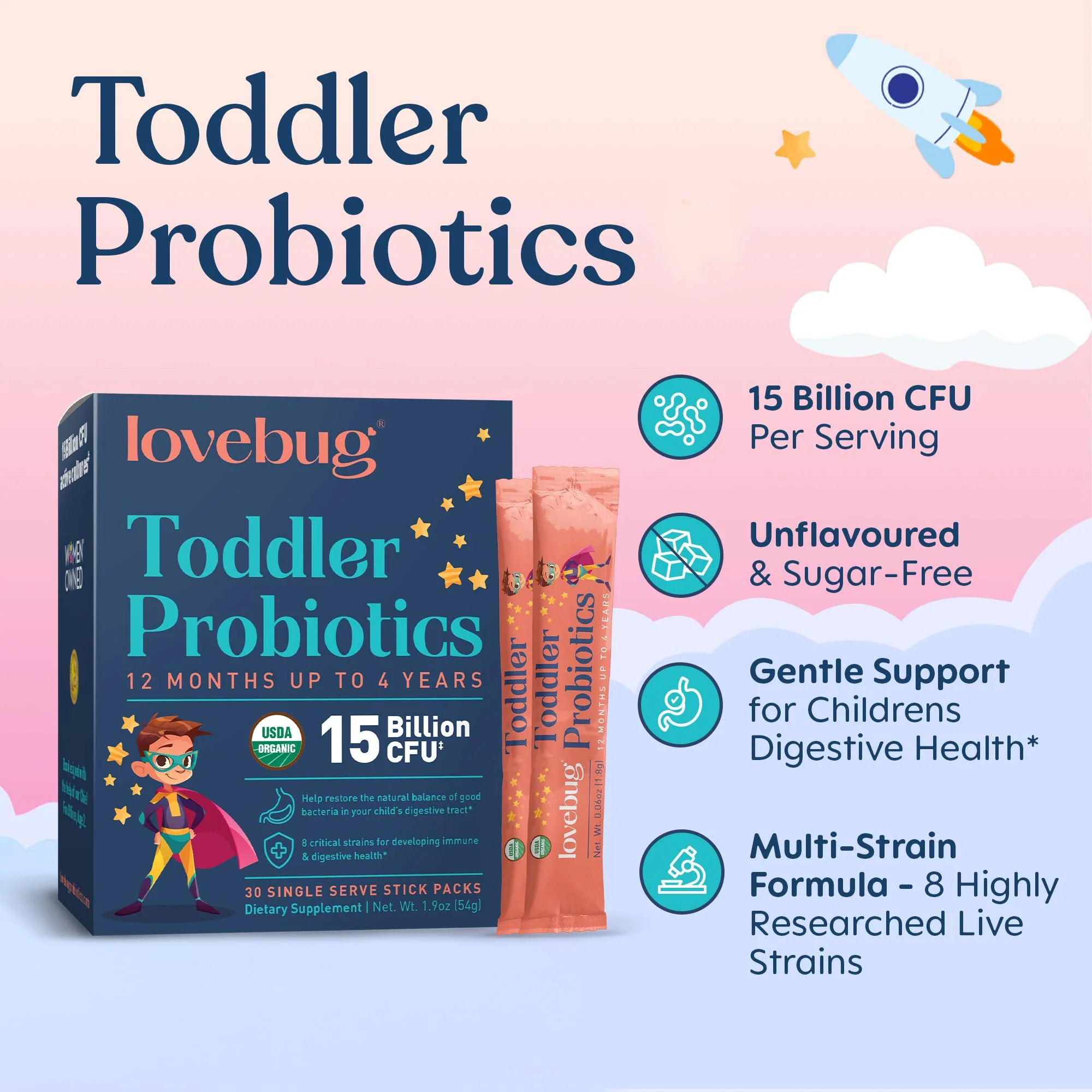 Lovebug Kids Probiotic Powder with Prebiotic Fiber - Toddler Immunity Support & Constipation Relief - USDA Organic Probiotics for Childrens Gut & Digestive Health (Ages 1-4) - 30 Pack (Unflavoured) - Image 10