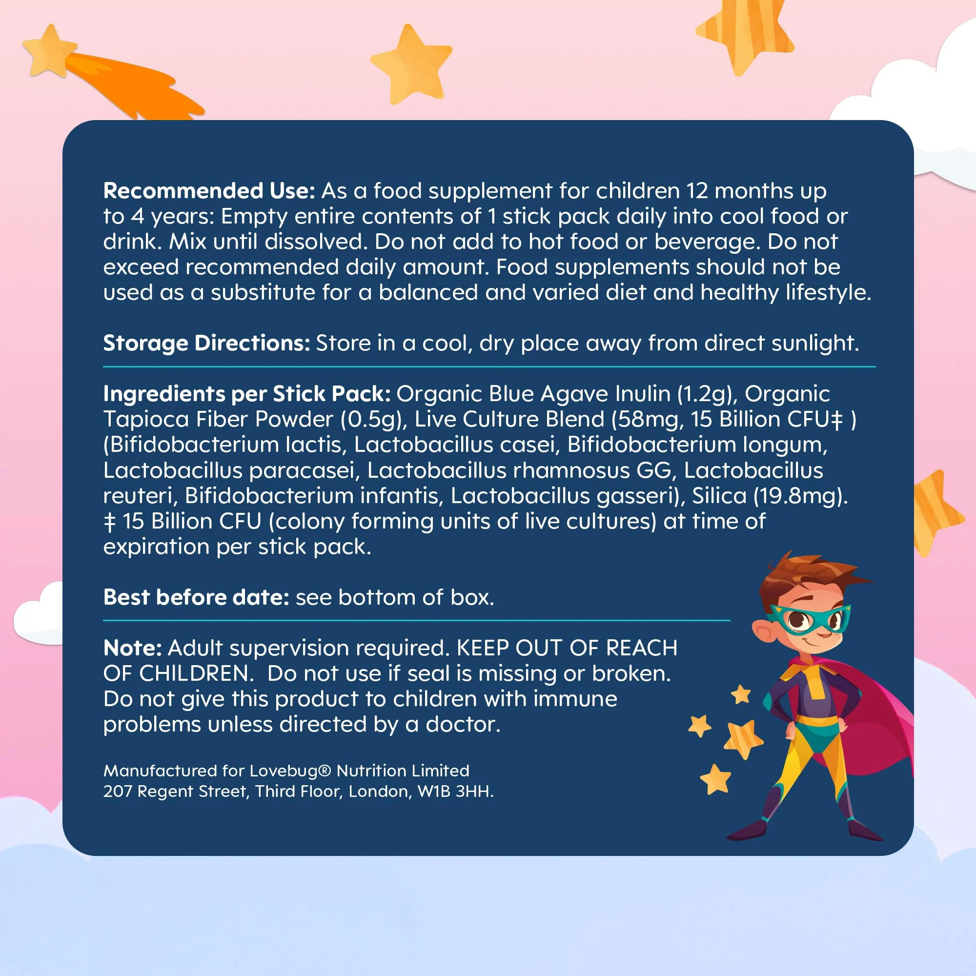 Lovebug Kids Probiotic Powder with Prebiotic Fiber - Toddler Immunity Support & Constipation Relief - USDA Organic Probiotics for Childrens Gut & Digestive Health (Ages 1-4) - 30 Pack (Unflavoured) - Image 5