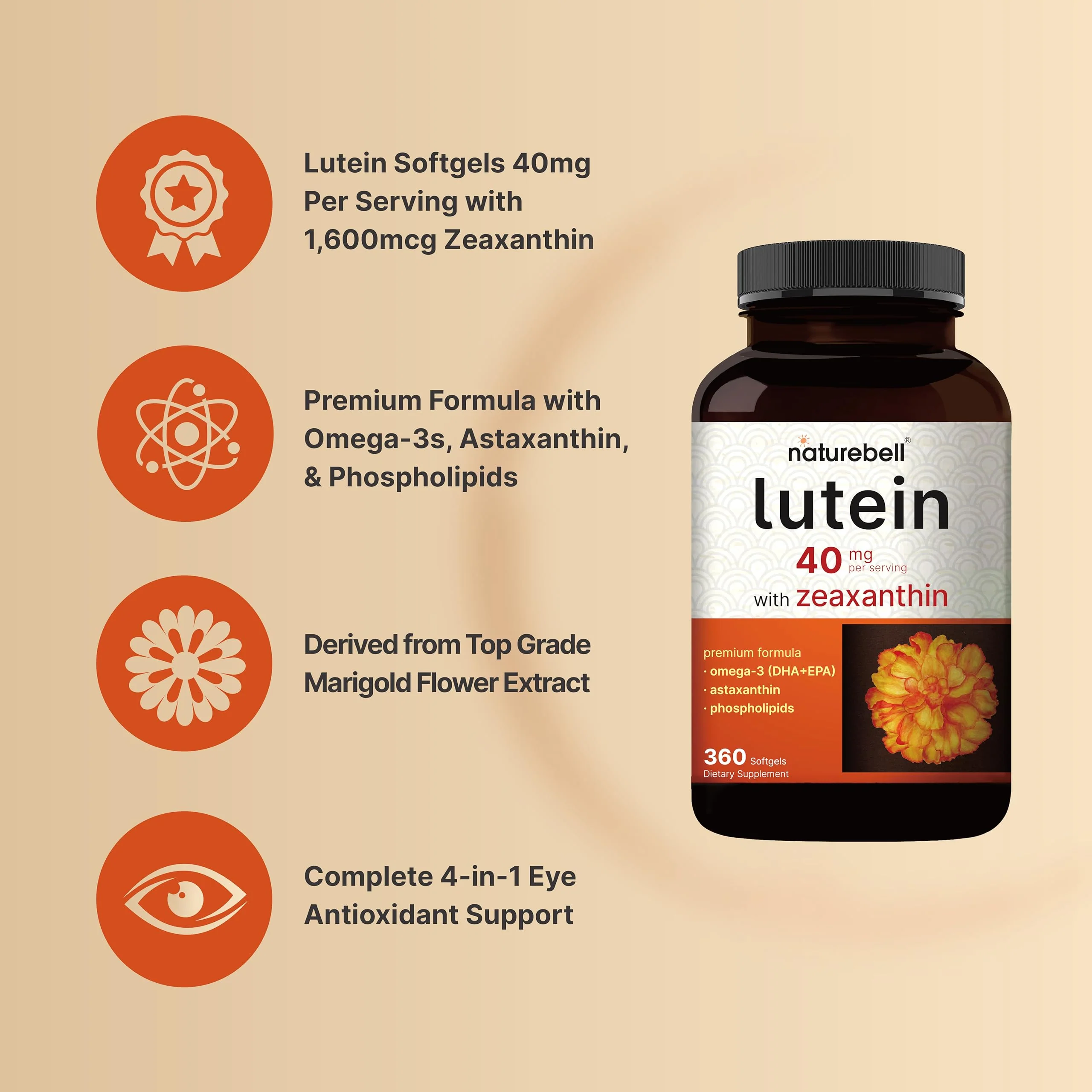 Lutein 40mg + Zeaxanthin 1,600mcg, 360 Softgels | 4-in-1 Formula with Astaxanthin, Omega-3 & Phospholipids | Marigold Flower Extract | Supports Eye, Brain & Vision Health | Non-GMO, Gluten Free - Image 7