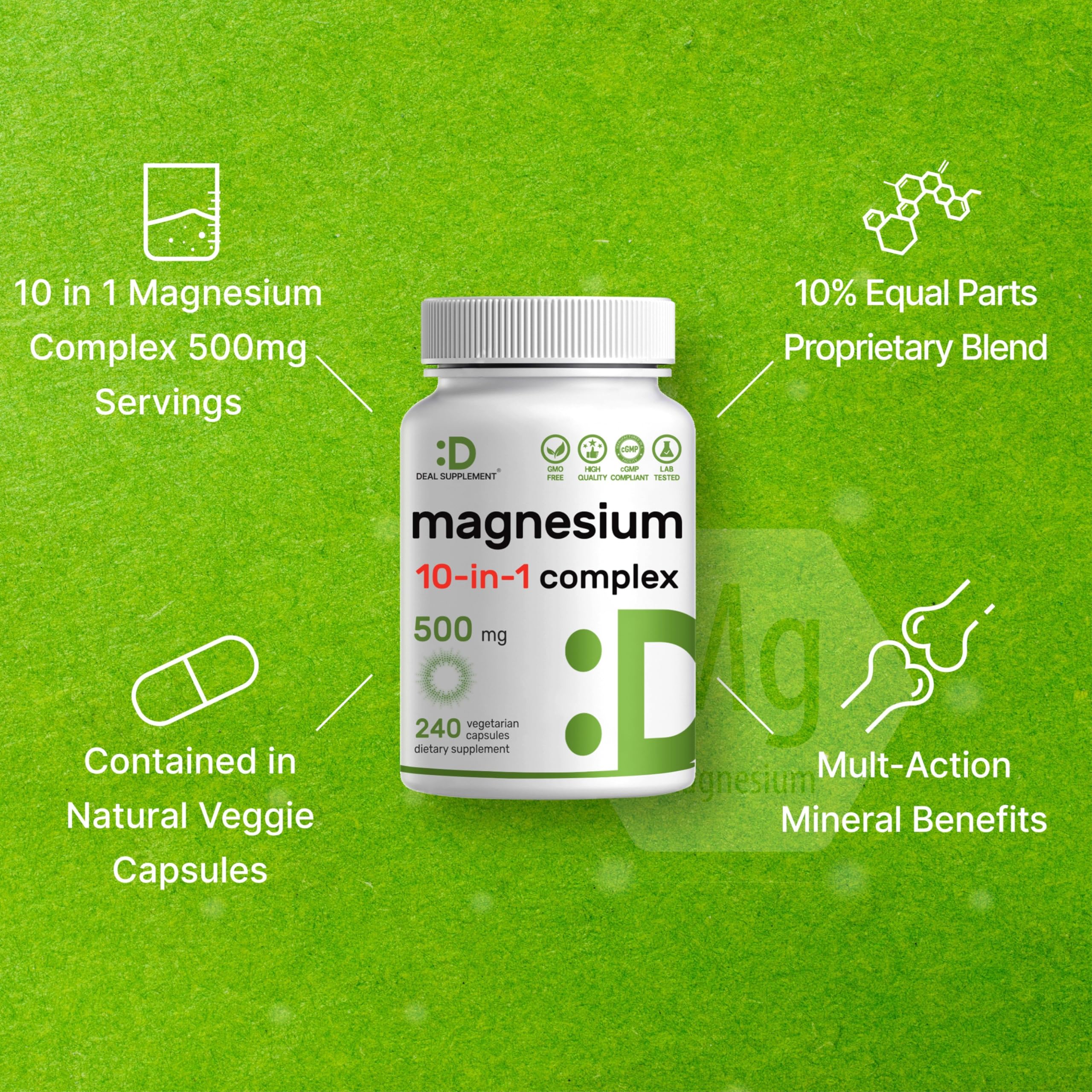 Magnesium Complex 500mg, 240 Veggie Capsules – 10-in-1 Glycinate, Citrate, Malate, Oxide, & More – 100% Chelated for Easy Absorption – Essential Mineral Supplement – Non-GMO - Image 6