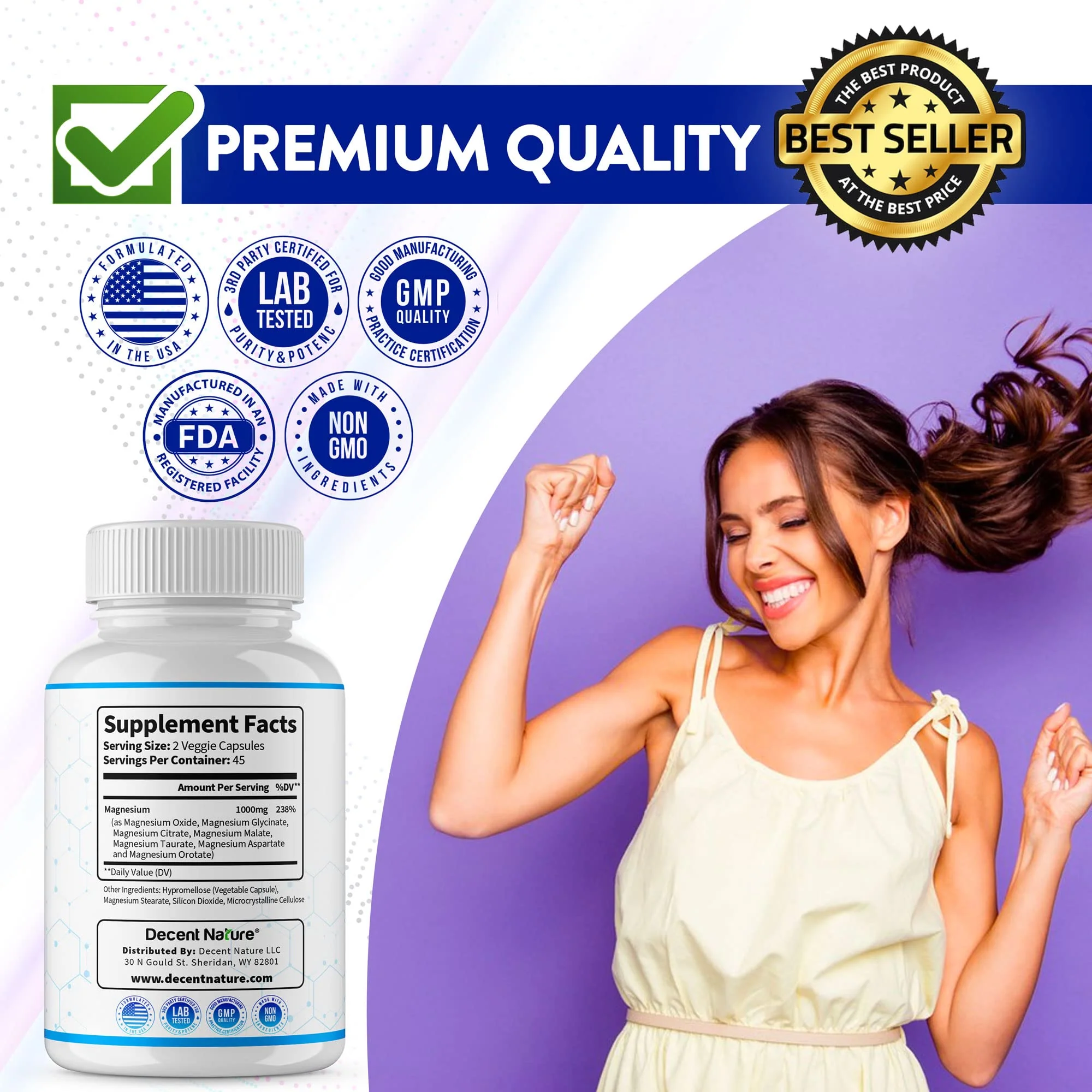 Magnesium Complex 7 Elemental Magnesium Supplement 1000mg – Magnesium Glycinate, Citrate, Malate, Taurate, Oxide, Aspartate, Orotate Non-GMO 90 Capsules - Image 3