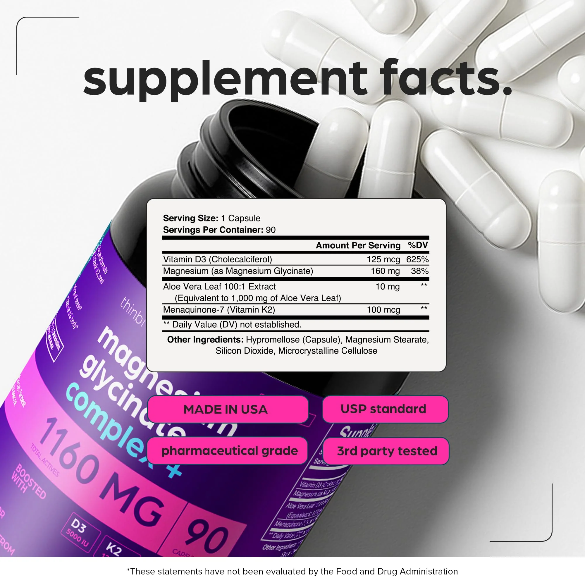 Magnesium Glycinate 1160mg + Aloe Vera, D3 & K2 Complex 90 Capsules - High Absorption, Non-Laxative - Supports, Muscle Function & Healthy Metabolism Chelated Formula - Image 2