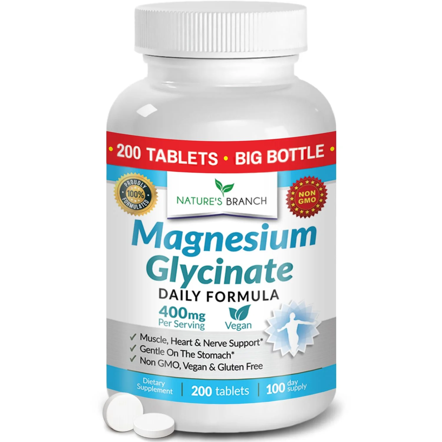 Magnesium Glycinate 400mg | 200 Tablets | High Absorption Mag Supplements for Sleep, Leg Cramps, Heart, Muscle, Calm | Non Buffered Bisglycinate, Extra Strength for Women and Men, Tablets Not Capsules