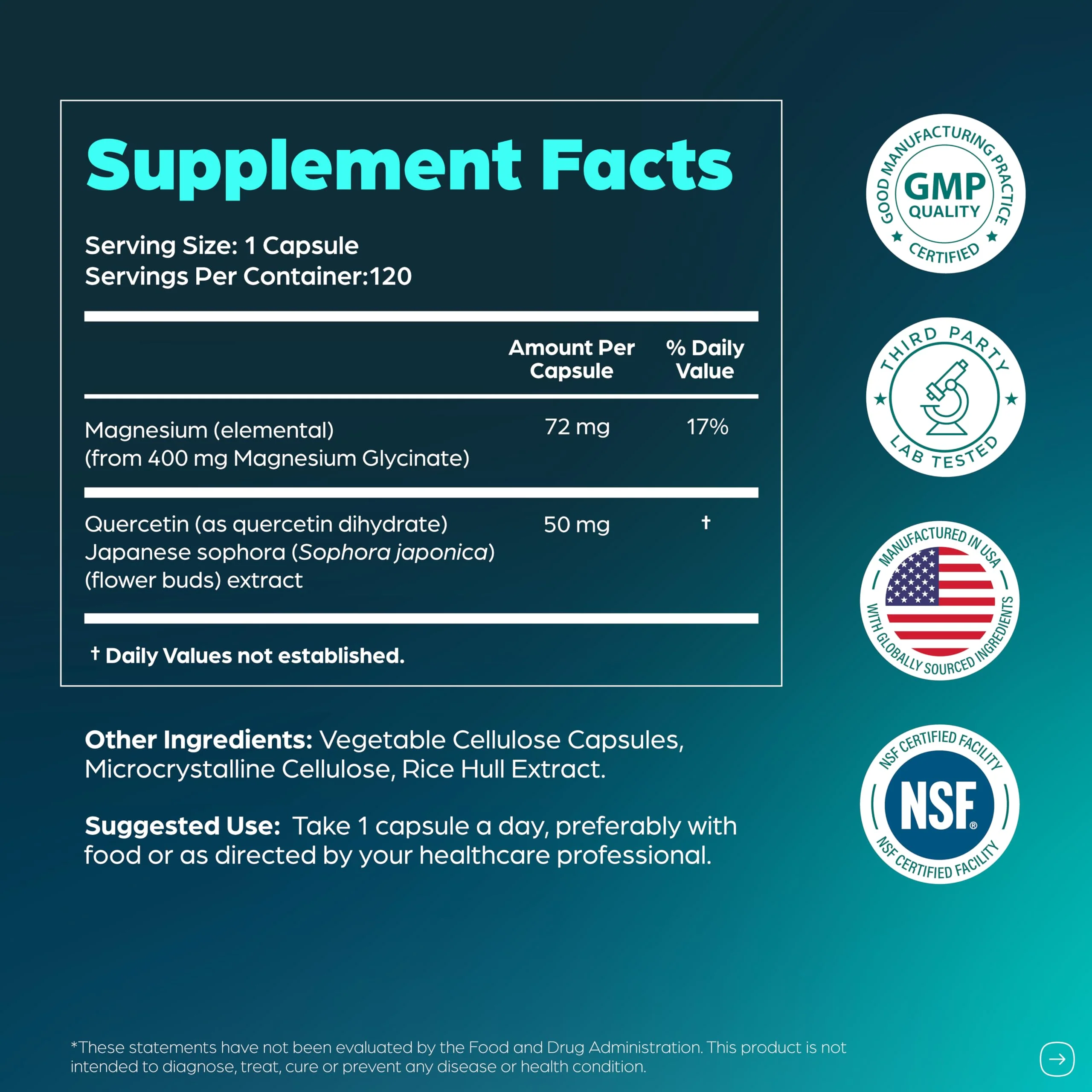 Magnesium Glycinate 400mg High Absorption Capsules with Quercetin | Quality Sleep, Relaxation & Muscle Health Supplement for Women and Men | Chelated Magnesium 120 Count (Pack of 1) | Easy to Swallow - Image 4