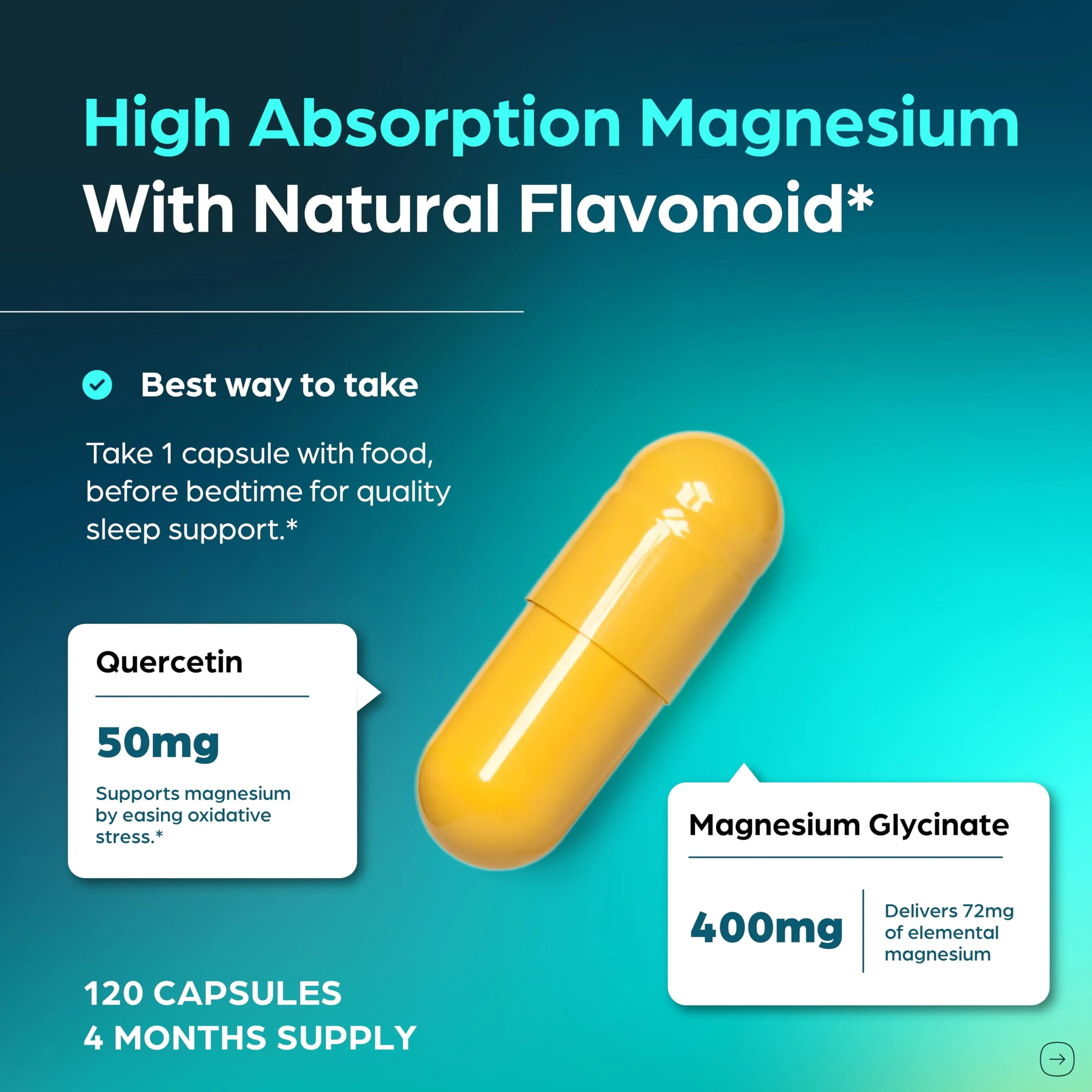 Magnesium Glycinate 400mg High Absorption Capsules with Quercetin | Quality Sleep, Relaxation & Muscle Health Supplement for Women and Men | Chelated Magnesium 120 Count (Pack of 1) | Easy to Swallow - Image 8