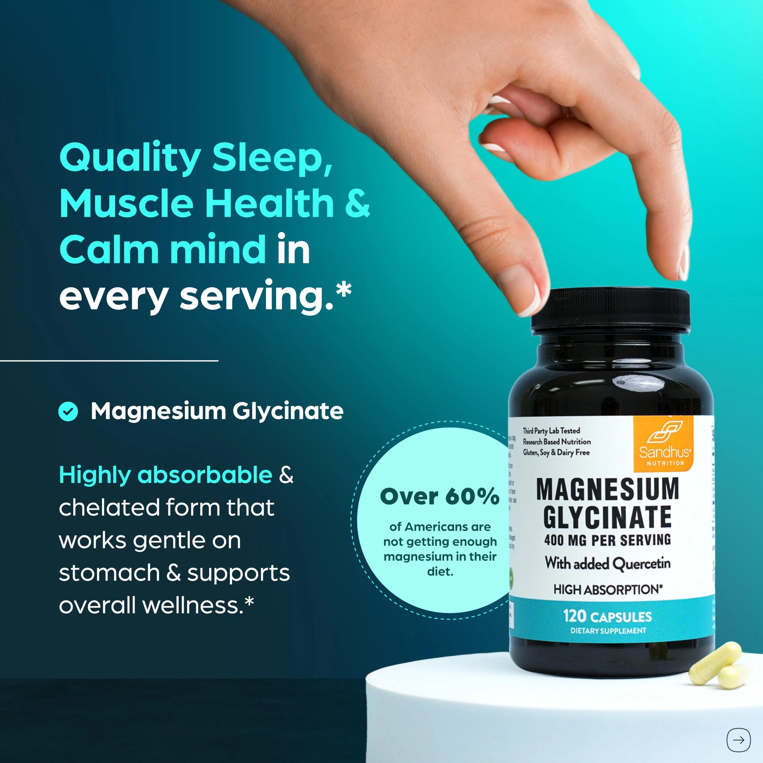 Magnesium Glycinate 400mg High Absorption Capsules with Quercetin | Quality Sleep, Relaxation & Muscle Health Supplement for Women and Men | Chelated Magnesium 120 Count (Pack of 1) | Easy to Swallow - Image 9