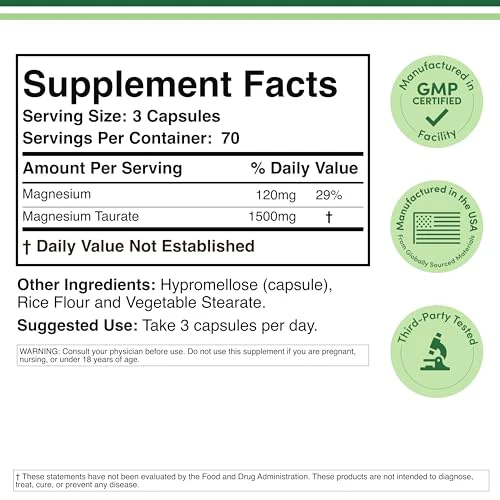 Magnesium Taurate Supplement for Cardiovascular Health to Boost Magnesium Levels (1,500mg per Serving, 210 Vegan Capsules) Non-GMO, Gluten Free, by Double Wood Supplements - Image 7