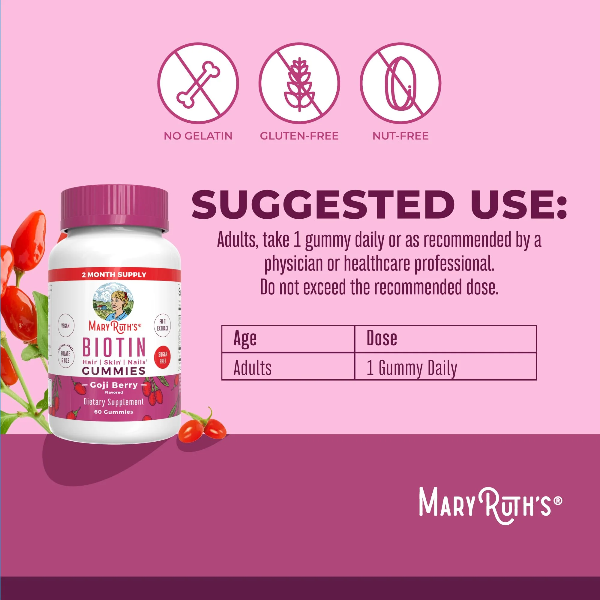 MaryRuth Organics Biotin Gummies | Sugar Free | Vegan | Non-GMO | 2,500 mcg Biotin Supplement | Hair Skin and Nails Vitamins | Hair Growth Vitamins | Hair Growth Supplement | 60 Count - Image 9