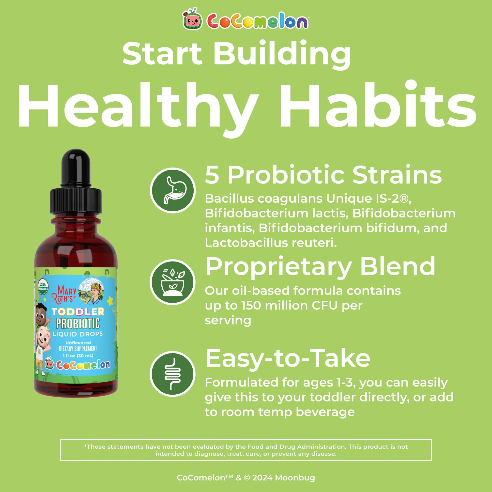 MaryRuth Organics Cocomelon Toddler Probiotic Liquid Drops | Kids Probiotics for Ages 1-3 | 5 Probiotic Strains | 150 Billion CFU Per Serving | USDA Organic | Sugar Free | Gluten Free | 1 Fl Oz - Image 10