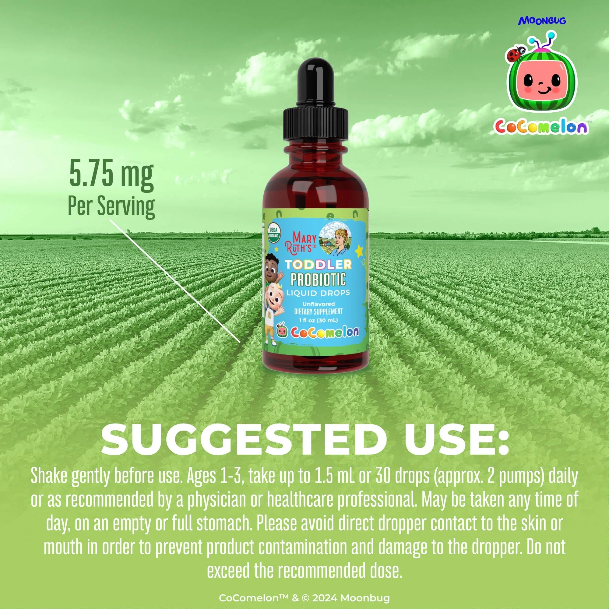 MaryRuth Organics Cocomelon Toddler Probiotic Liquid Drops | Kids Probiotics for Ages 1-3 | 5 Probiotic Strains | 150 Billion CFU Per Serving | USDA Organic | Sugar Free | Gluten Free | 1 Fl Oz - Image 8