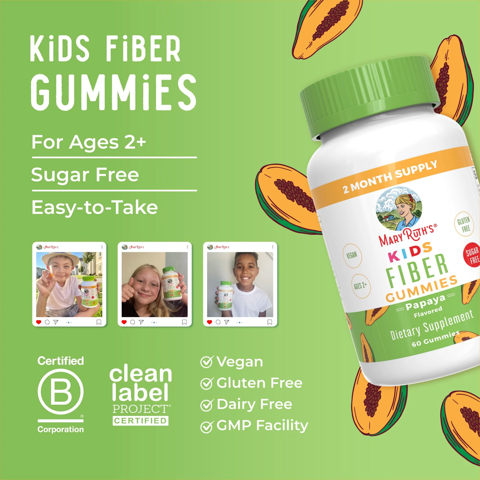 MaryRuth Organics Fiber Gummies for Kids | 2 Month Supply | Sugar Free | Soluble Fiber Supplement | Gut Health & Digestion Support | 3g Fiber per Gummy | Vegan | 60 Count - Image 3