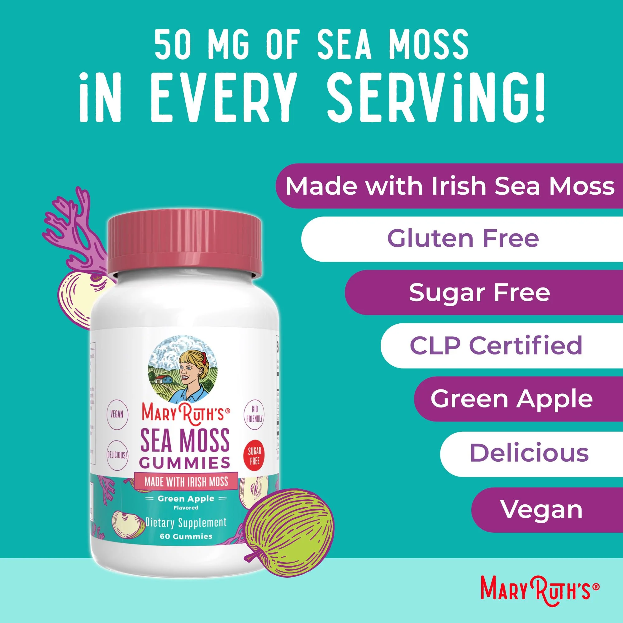 MaryRuth Organics Gummies Sugar Free Made with Irish Sea Moss for Gut Health and Immune Support Formulated for Adults and Kids Ages 4+ Vegan Non-GMO Gluten Free | 60 Count - Image 4