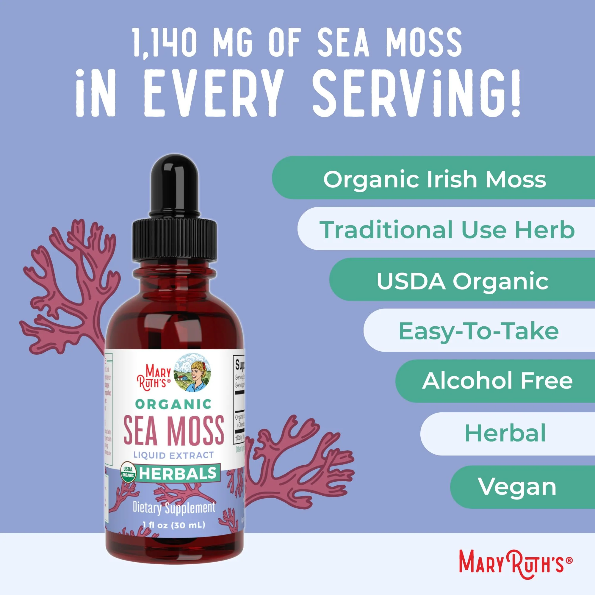 MaryRuth Organics Irish Sea Moss Liquid Drops | Chondrus Crispus | Wild Harvested | Organic Irish Moss Formulated for Adults & Kids Ages 14+ | Unflavored | Sugar Free | Vegan | Non-GMO | 1 Fl Oz - Image 4
