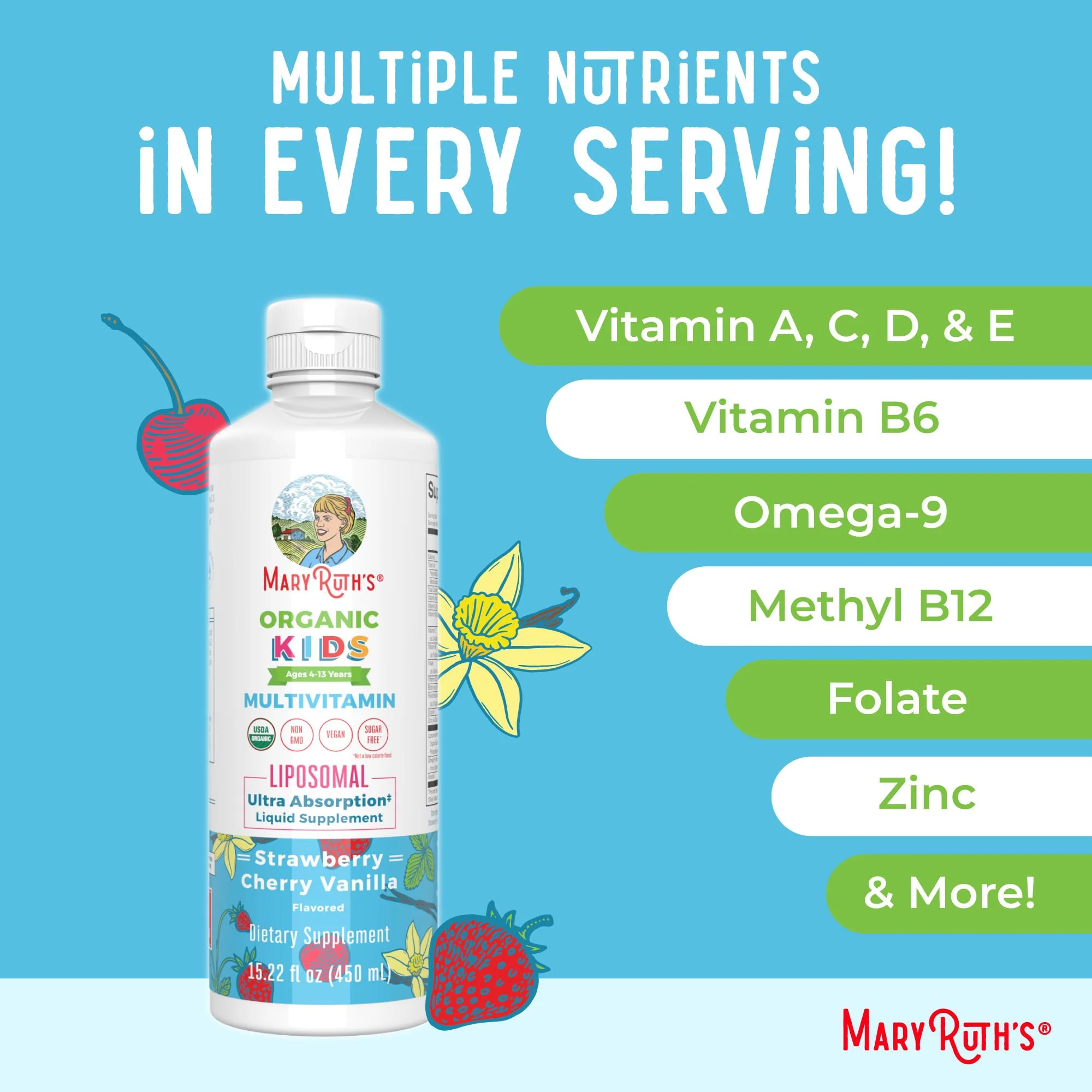 MaryRuth Organics Kids Multivitamin Liposomal | Vegan, Sugar-Free Vitamins for Kids | Ages 4+ | 2 Month Supply | 15.22 Fl Oz - Image 4