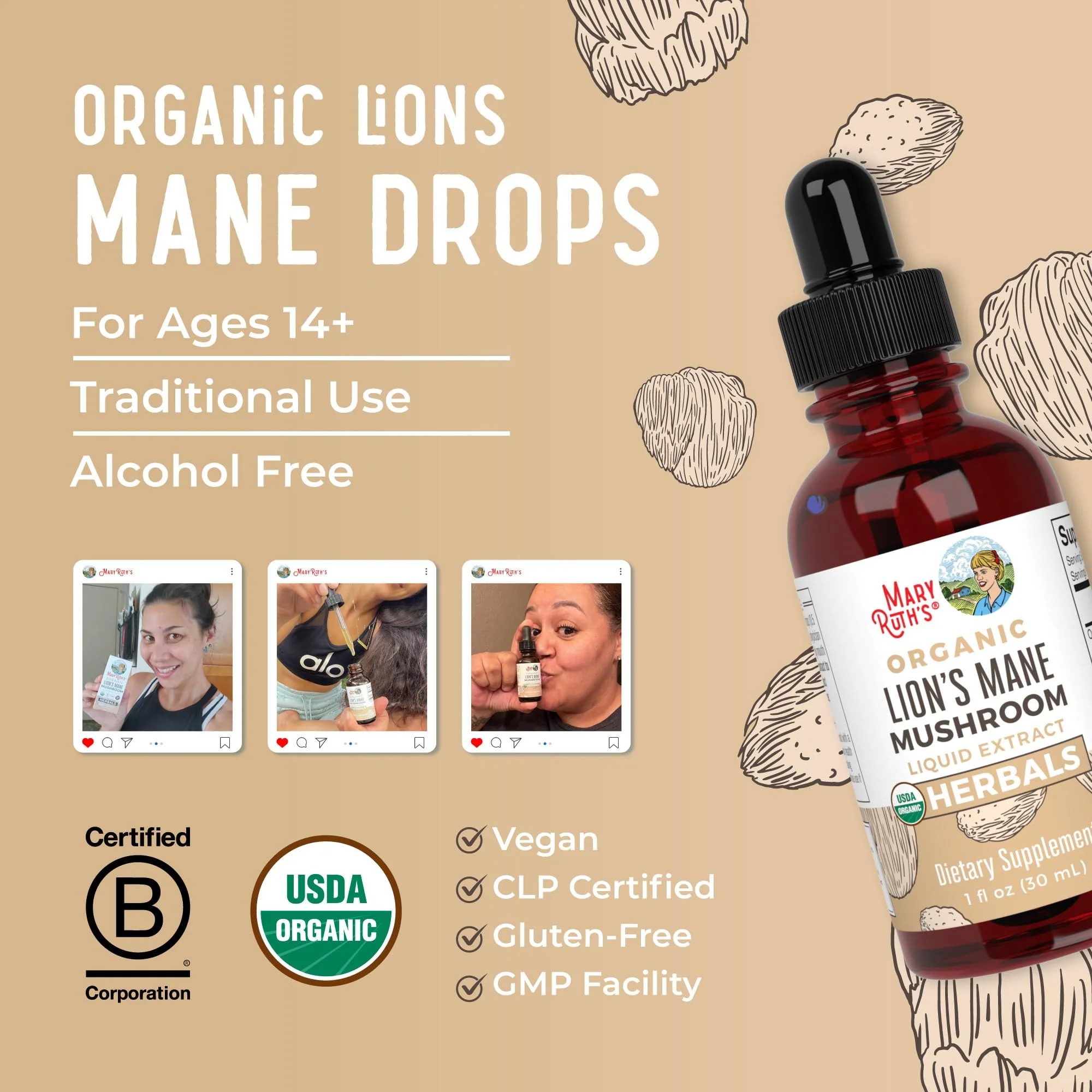 MaryRuth Organics Lions Mane Mushroom Supplement, Up to 1 Month Supply, Nootropic USDA Organic Lions Mane Extract Nervine Herbal Liquid Drops, Brain Health Non-GMO Vegan Alcohol Free Tincture, 1 Fl Oz - Image 3