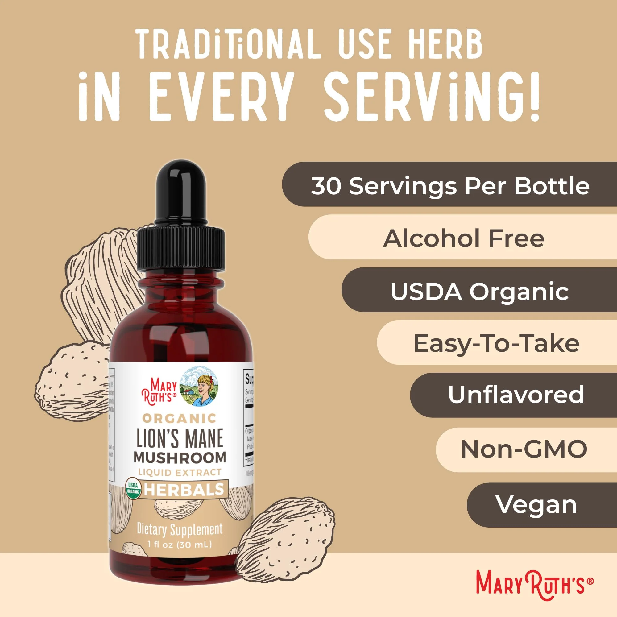 MaryRuth Organics Lions Mane Mushroom Supplement, Up to 1 Month Supply, Nootropic USDA Organic Lions Mane Extract Nervine Herbal Liquid Drops, Brain Health Non-GMO Vegan Alcohol Free Tincture, 1 Fl Oz - Image 4