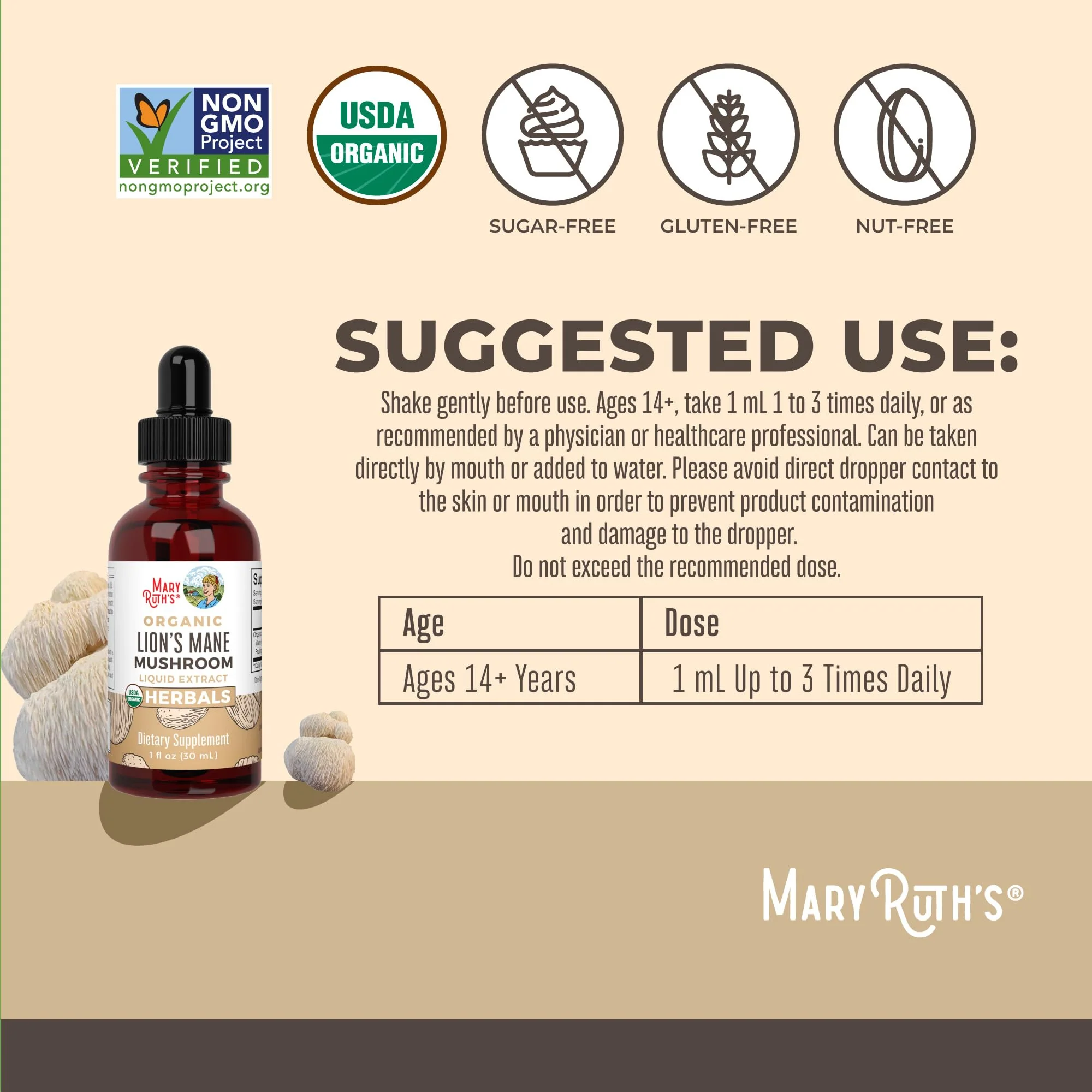 MaryRuth Organics Lions Mane Mushroom Supplement, Up to 1 Month Supply, Nootropic USDA Organic Lions Mane Extract Nervine Herbal Liquid Drops, Brain Health Non-GMO Vegan Alcohol Free Tincture, 1 Fl Oz - Image 8