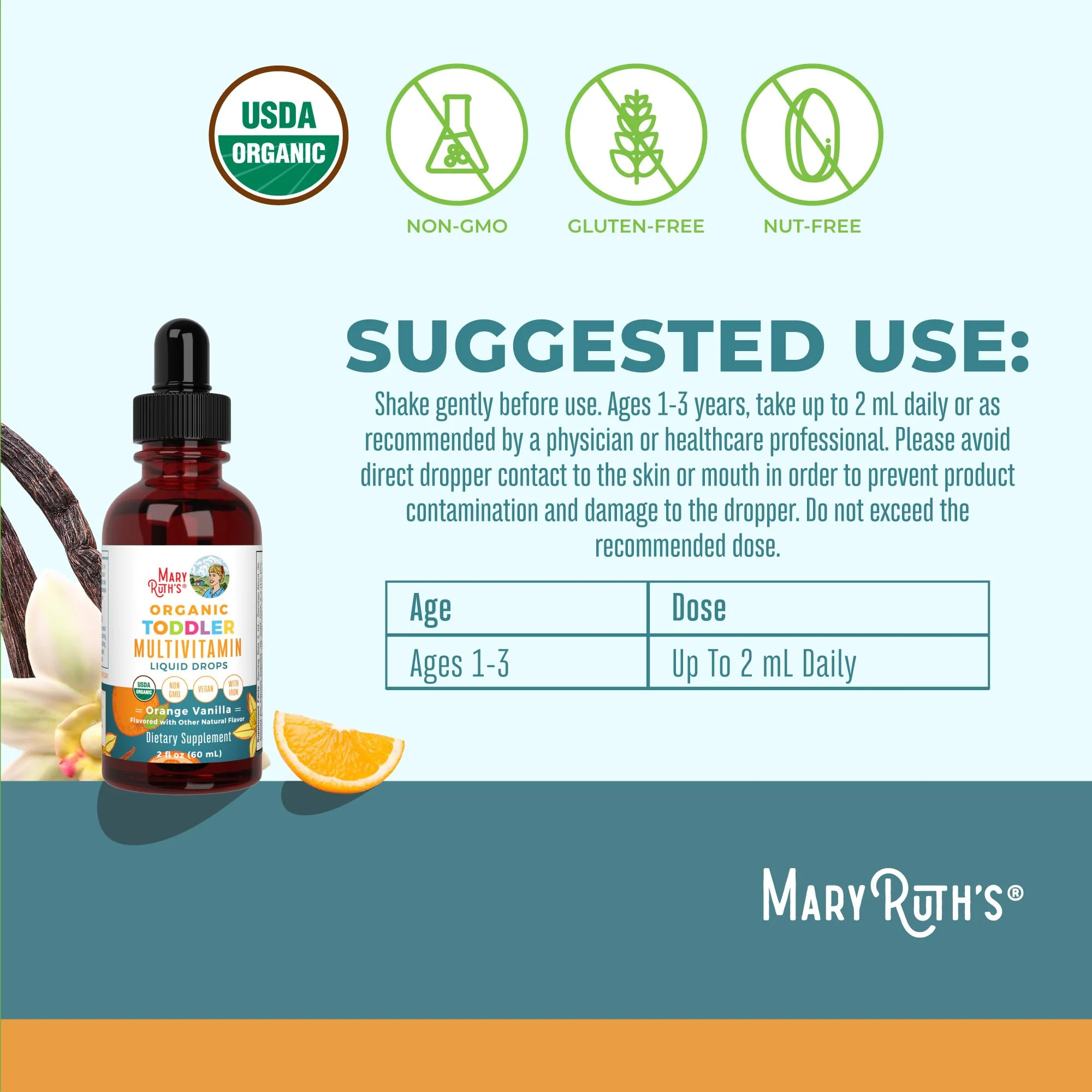 MaryRuth Organics Multivitamin & Multimineral with Iron for Toddlers | USDA Organic | Sugar Free | Multivitamin Liquid Drops for Kids Ages 1-3 | Immune Support | Vegan | Non-GMO | 2 Fl Oz - Image 8